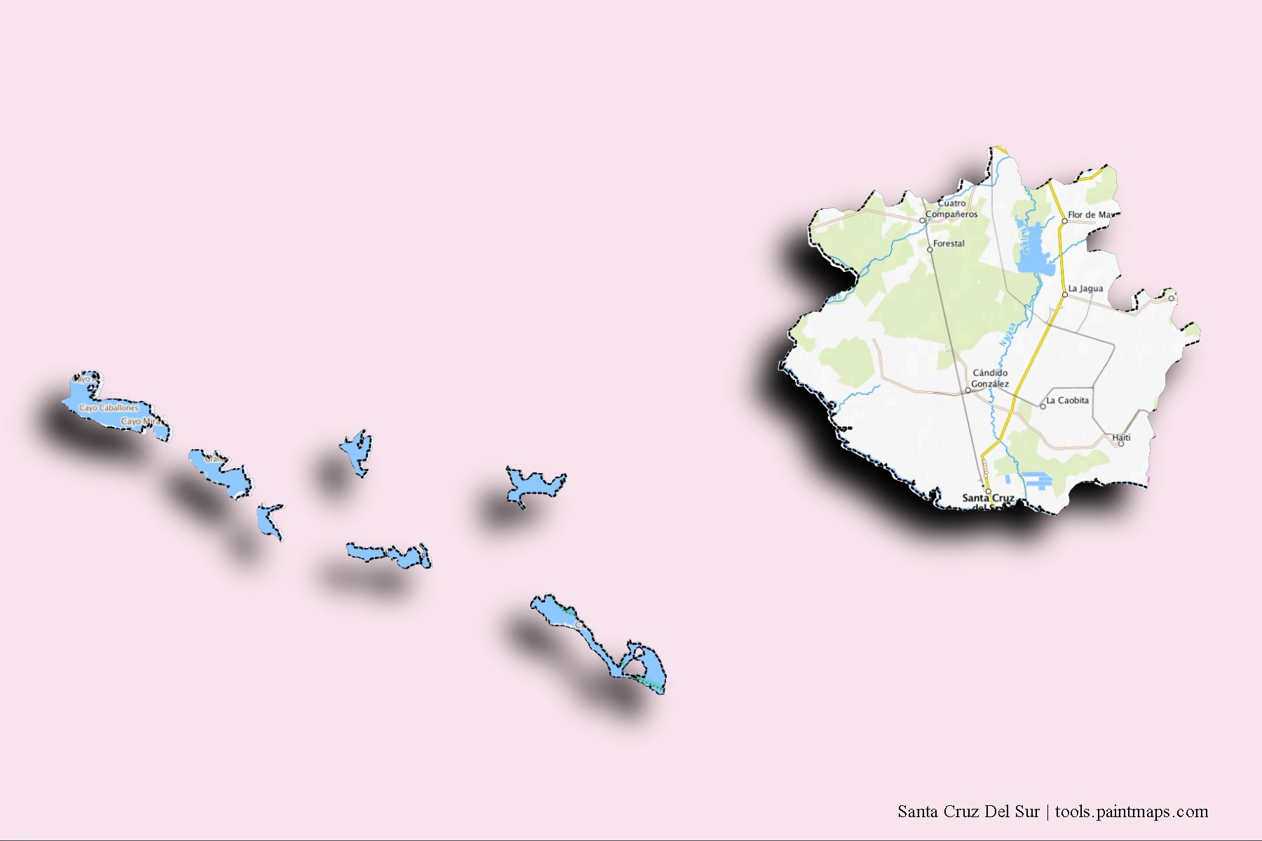 Mapa de barrios y pueblos de Santa Cruz Del Sur con efecto de sombra 3D