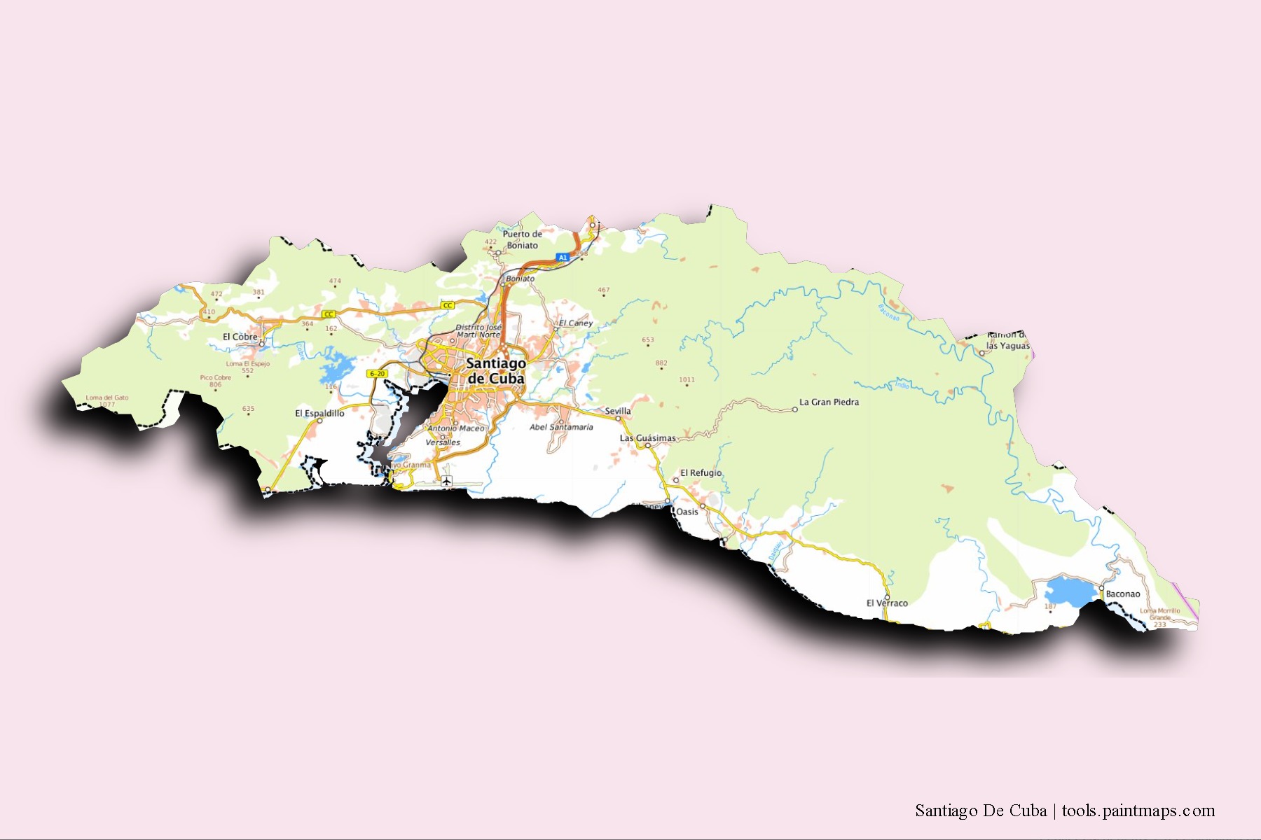 Mapa de barrios y pueblos de Santiago De Cuba con efecto de sombra 3D