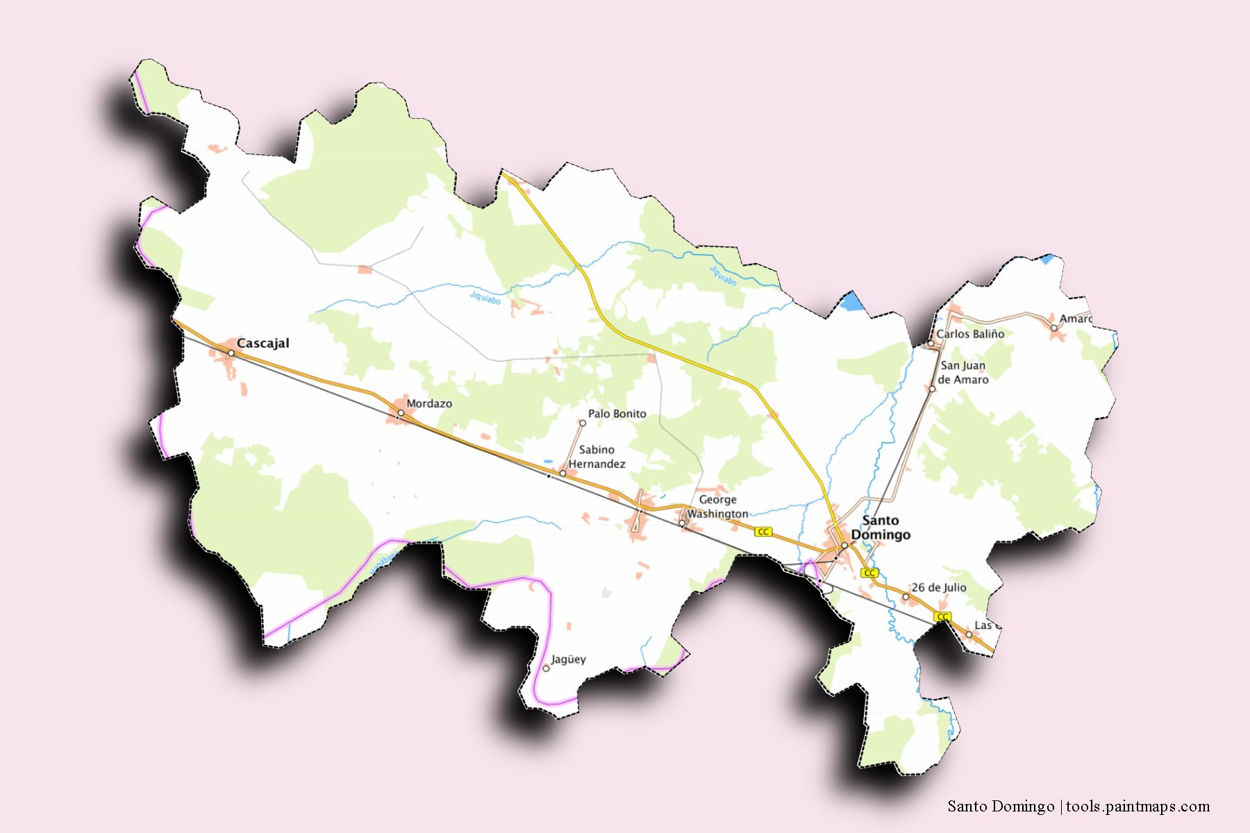 Mapa de barrios y pueblos de Santo Domingo con efecto de sombra 3D