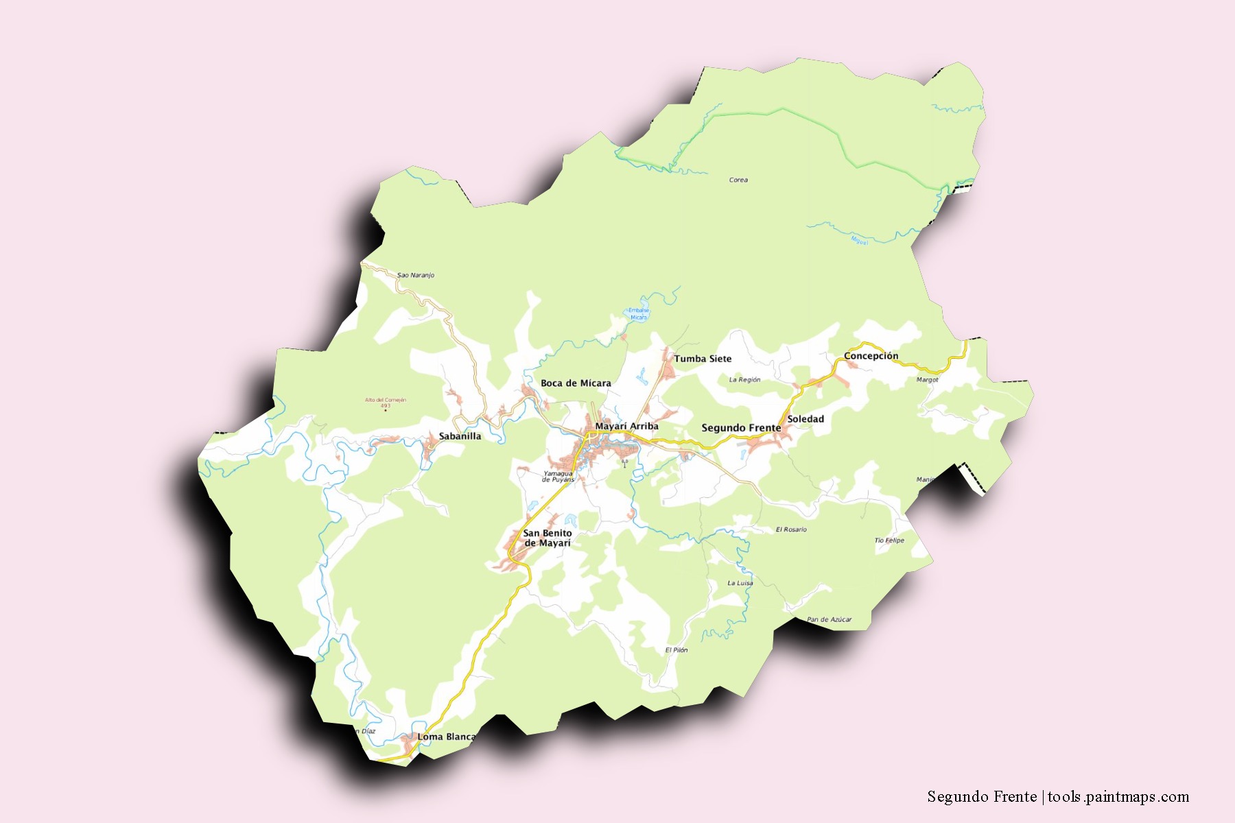 Mapa de barrios y pueblos de Segundo Frente con efecto de sombra 3D