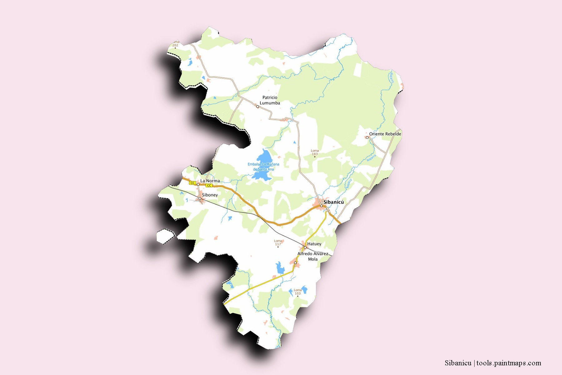 Mapa de barrios y pueblos de Sibanicu con efecto de sombra 3D