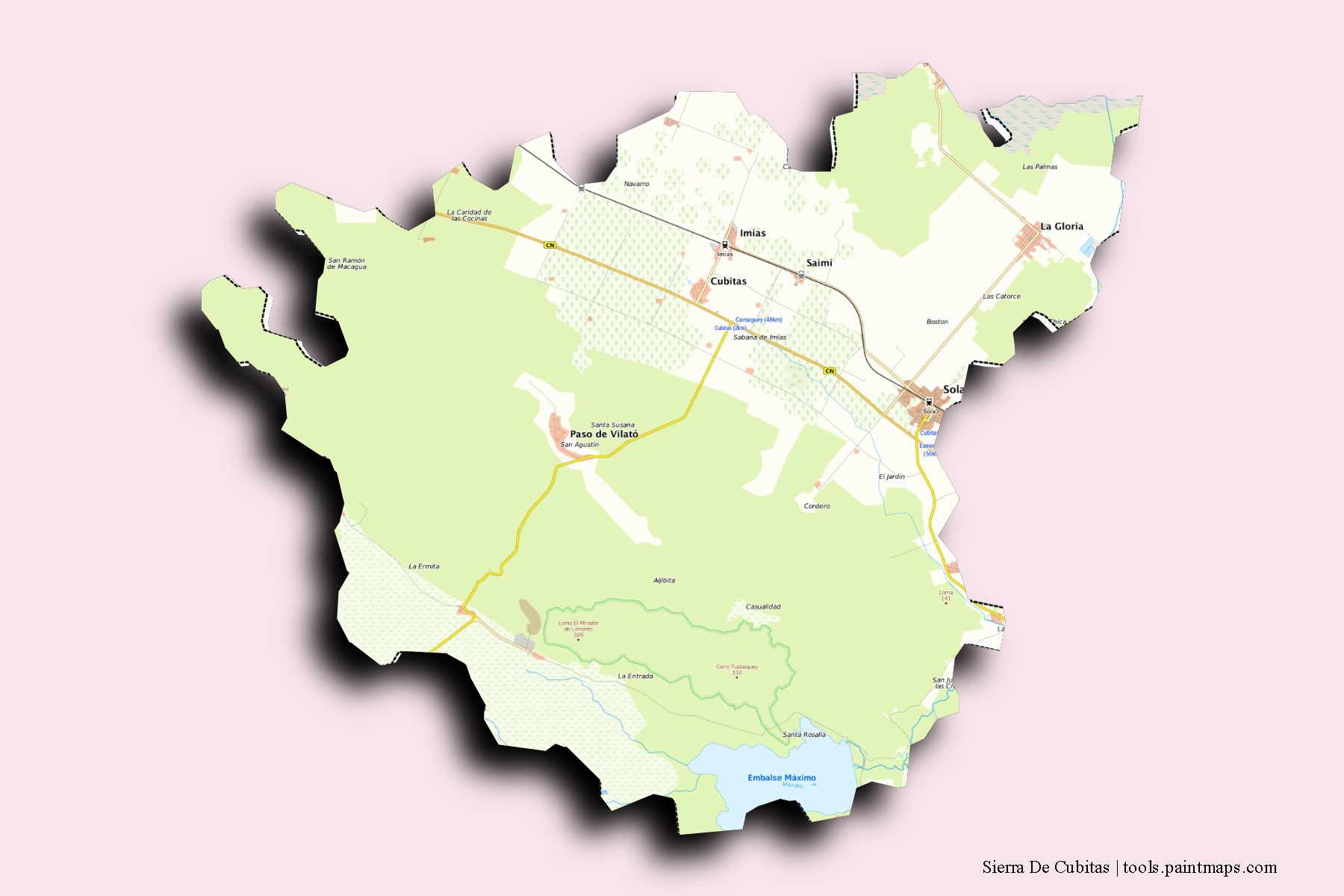 Mapa de barrios y pueblos de Sierra De Cubitas con efecto de sombra 3D