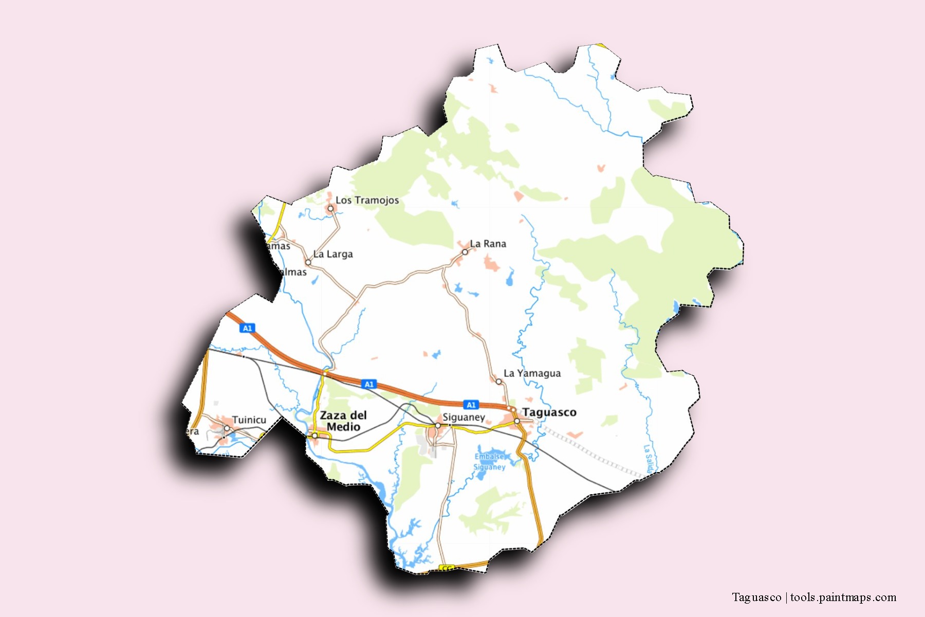 Mapa de barrios y pueblos de Taguasco con efecto de sombra 3D