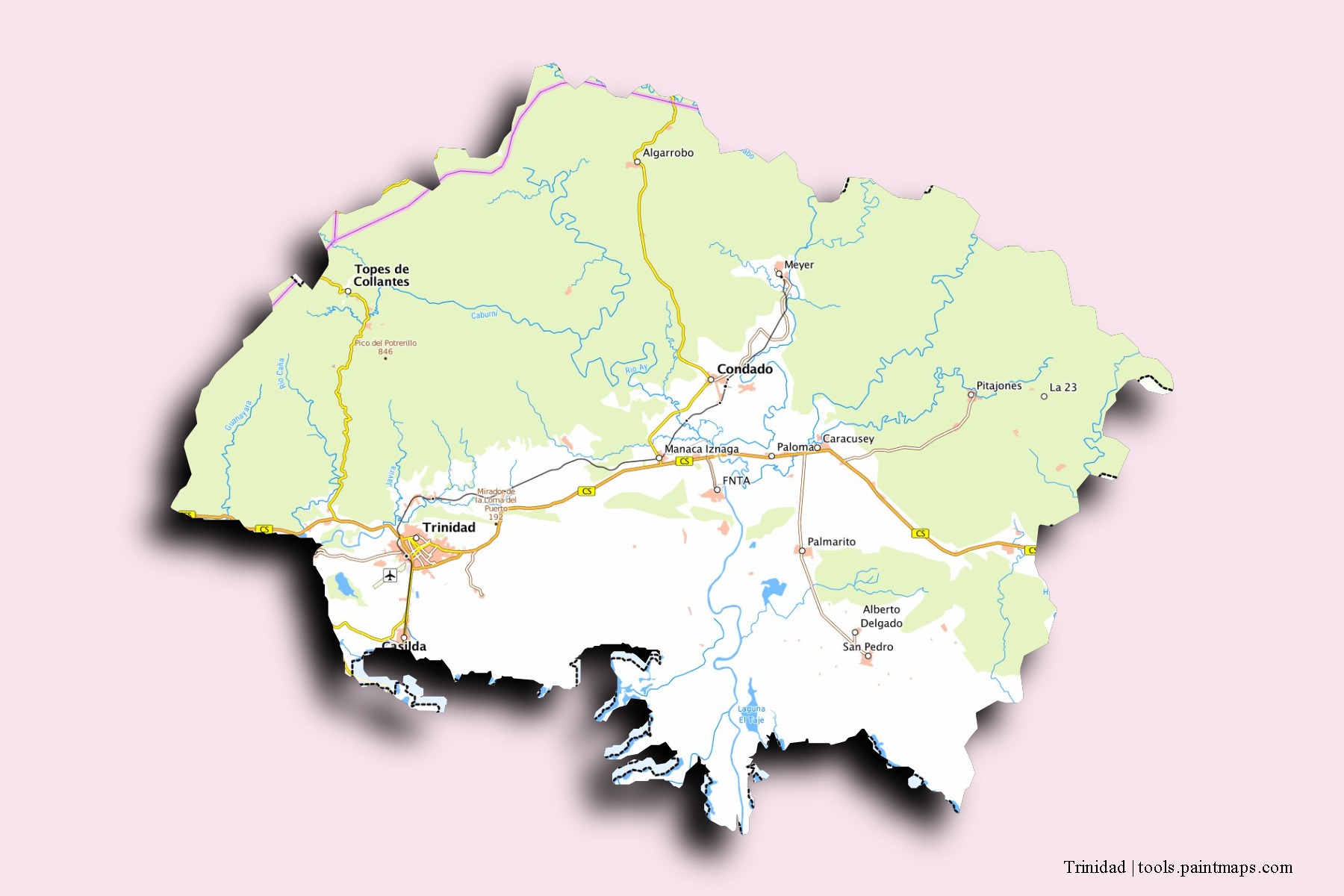 Mapa de barrios y pueblos de Trinidad con efecto de sombra 3D