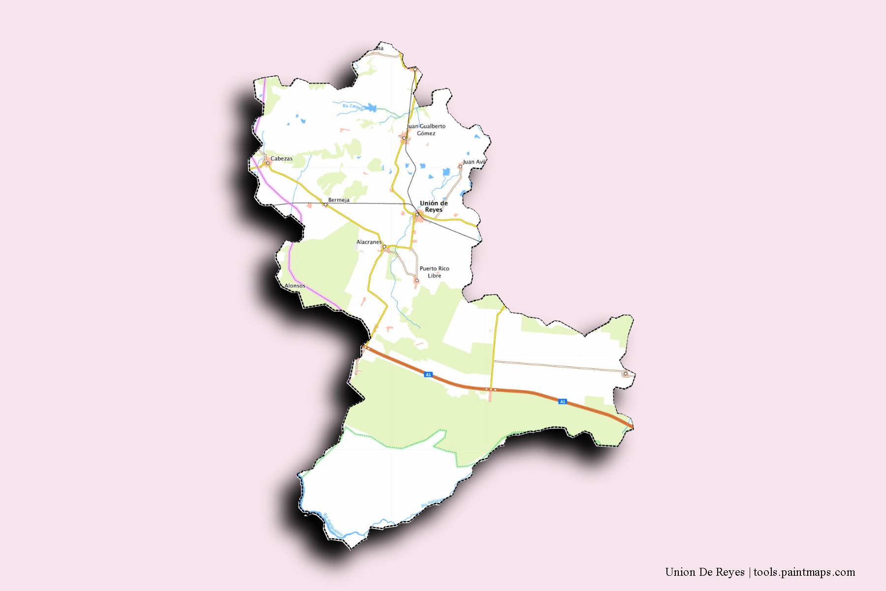 Mapa de barrios y pueblos de Union De Reyes con efecto de sombra 3D