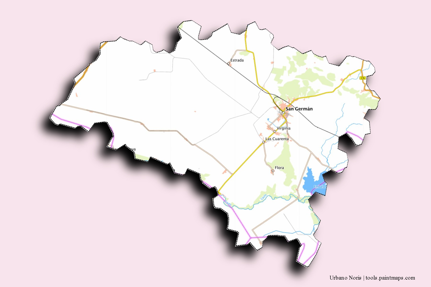 Mapa de barrios y pueblos de Urbano Noris con efecto de sombra 3D