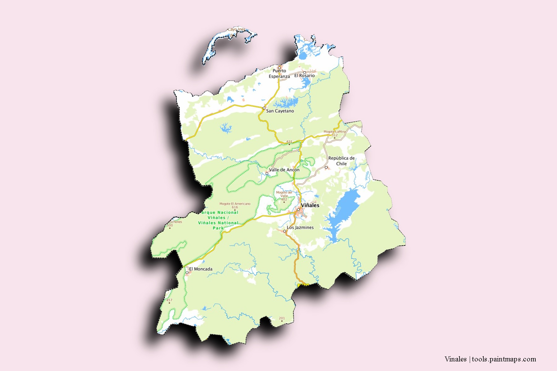 Mapa de barrios y pueblos de Vinales con efecto de sombra 3D