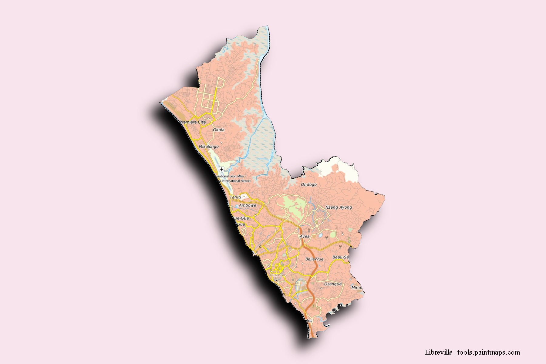 Komo-Mondah Department neighborhoods and villages map with 3D shadow effect