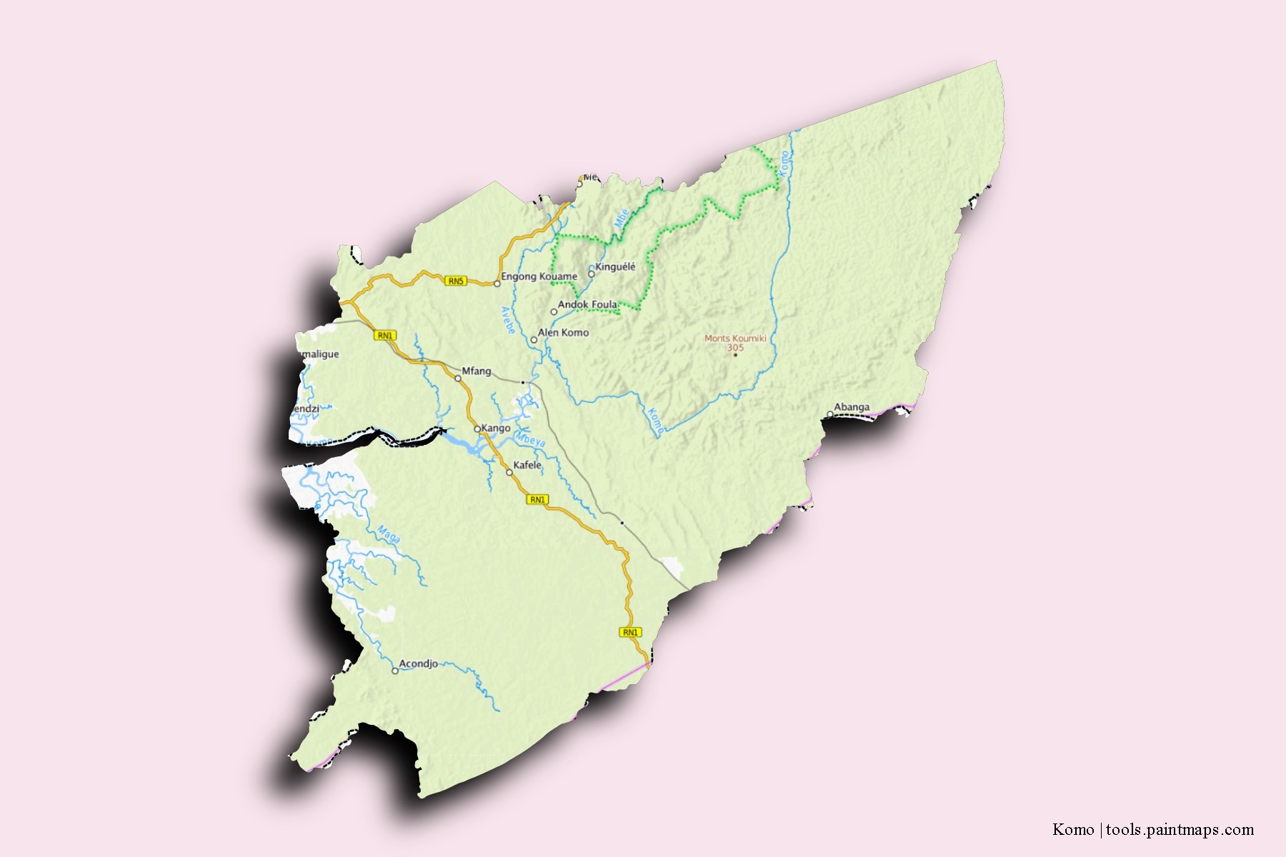 Mapa de barrios y pueblos de Komo con efecto de sombra 3D