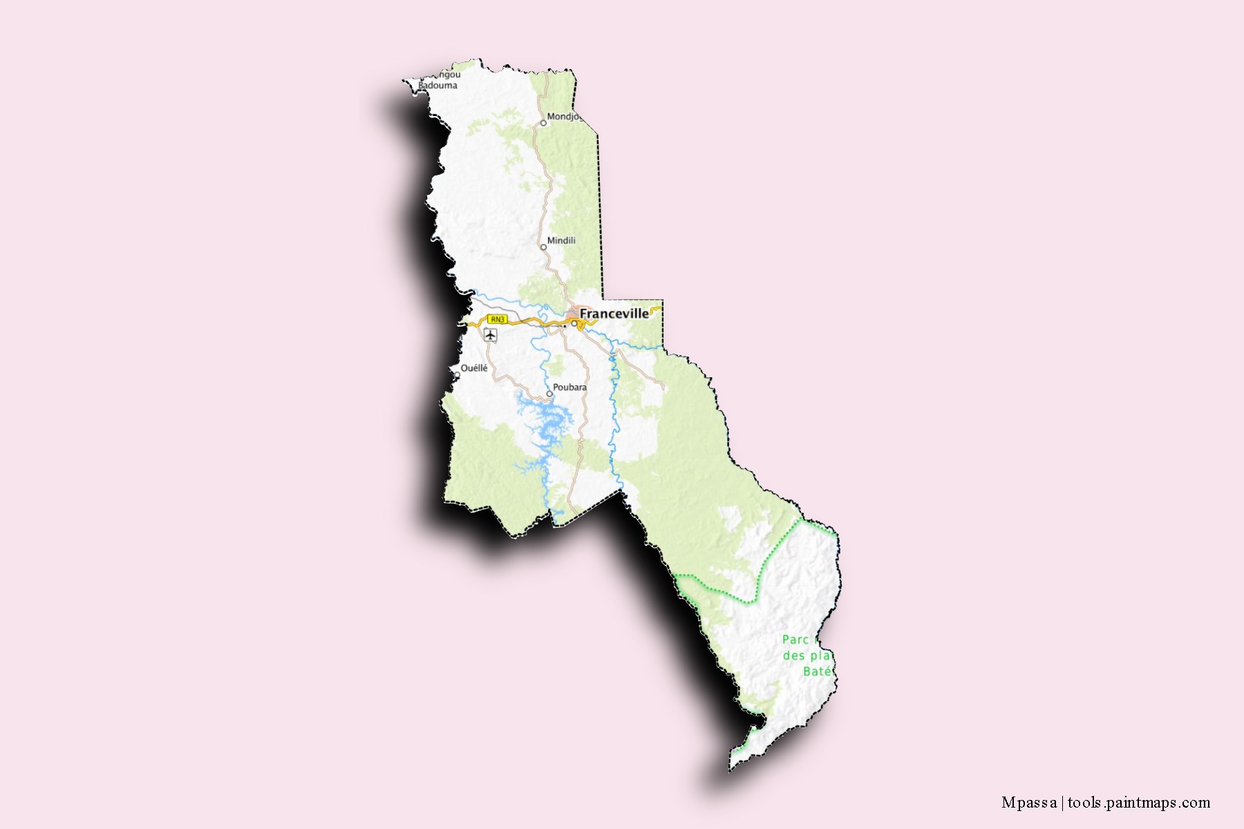 Mapa de barrios y pueblos de Mpassa con efecto de sombra 3D