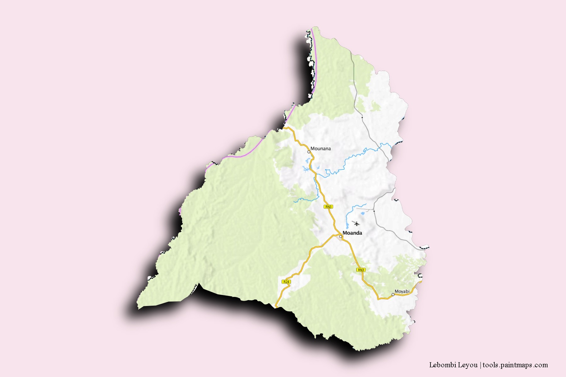 Mapa de barrios y pueblos de Lebombi Leyou con efecto de sombra 3D