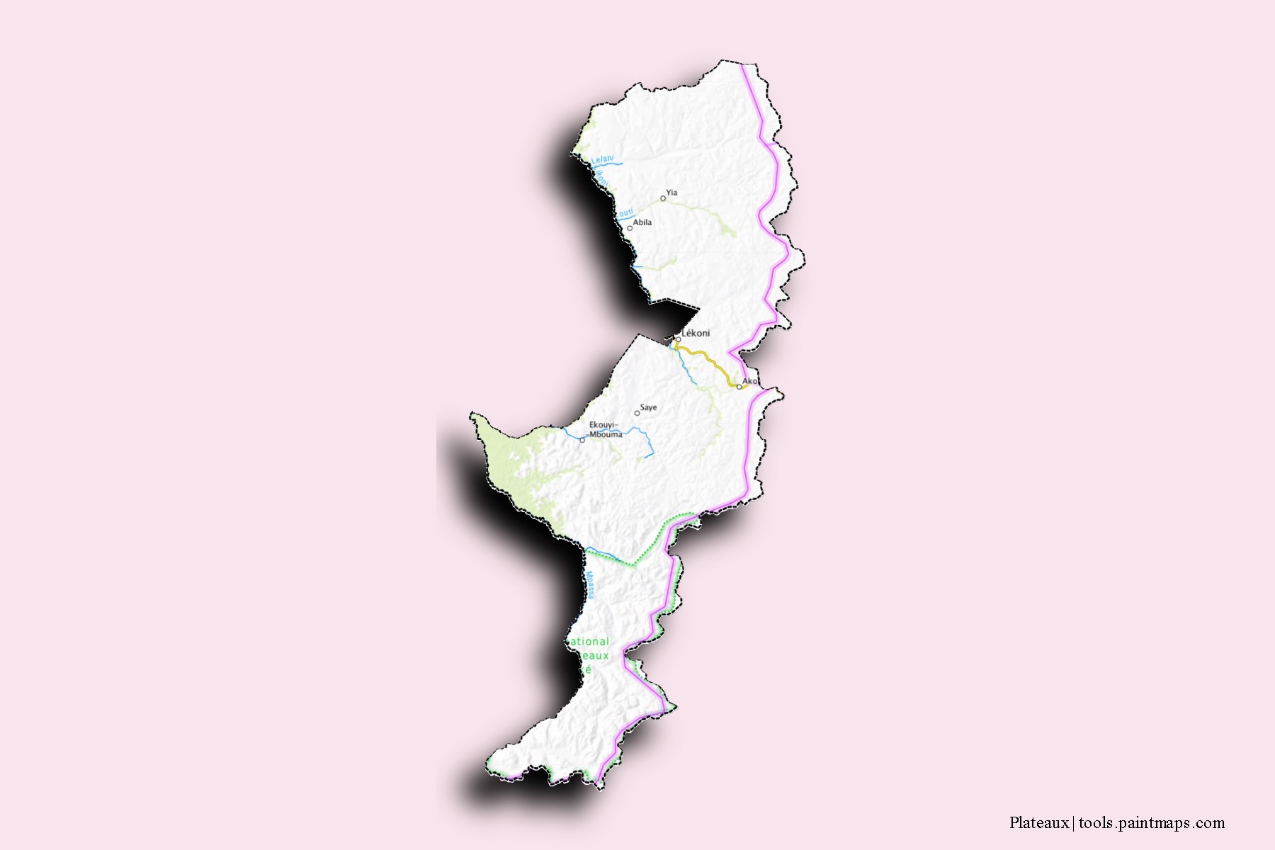 Mapa de barrios y pueblos de Plateaux con efecto de sombra 3D