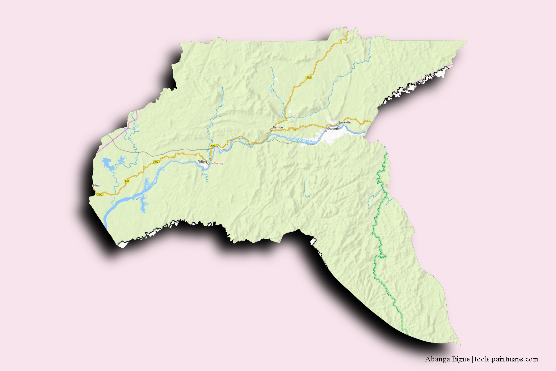 Mapa de barrios y pueblos de Abanga Bigne con efecto de sombra 3D