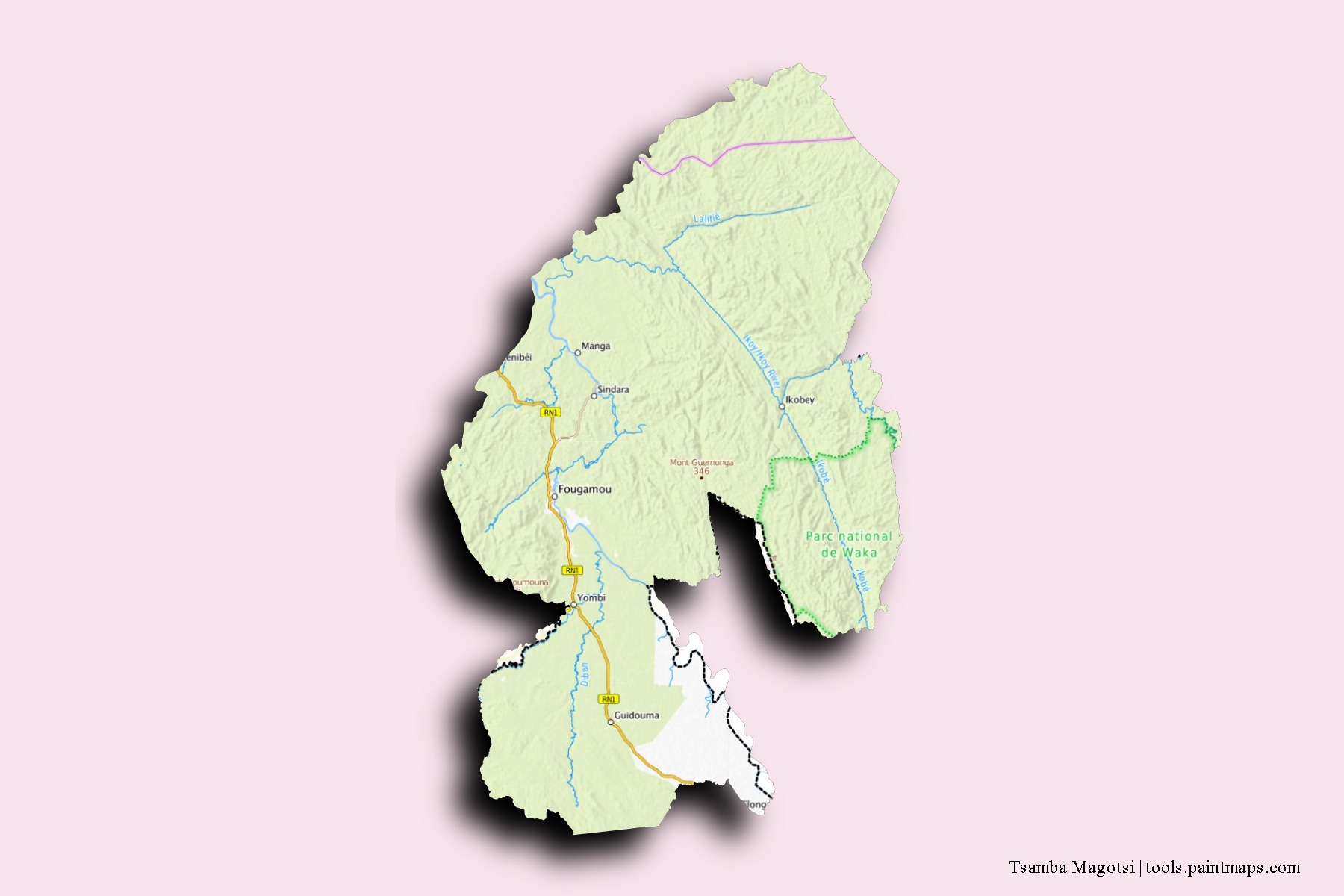 Tsamba-Magotsi neighborhoods and villages map with 3D shadow effect