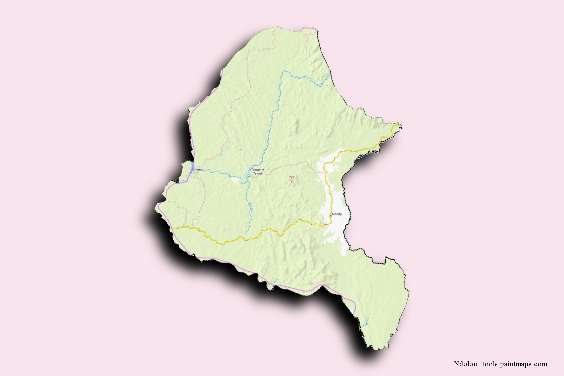 Mapa de barrios y pueblos de Ndolou con efecto de sombra 3D