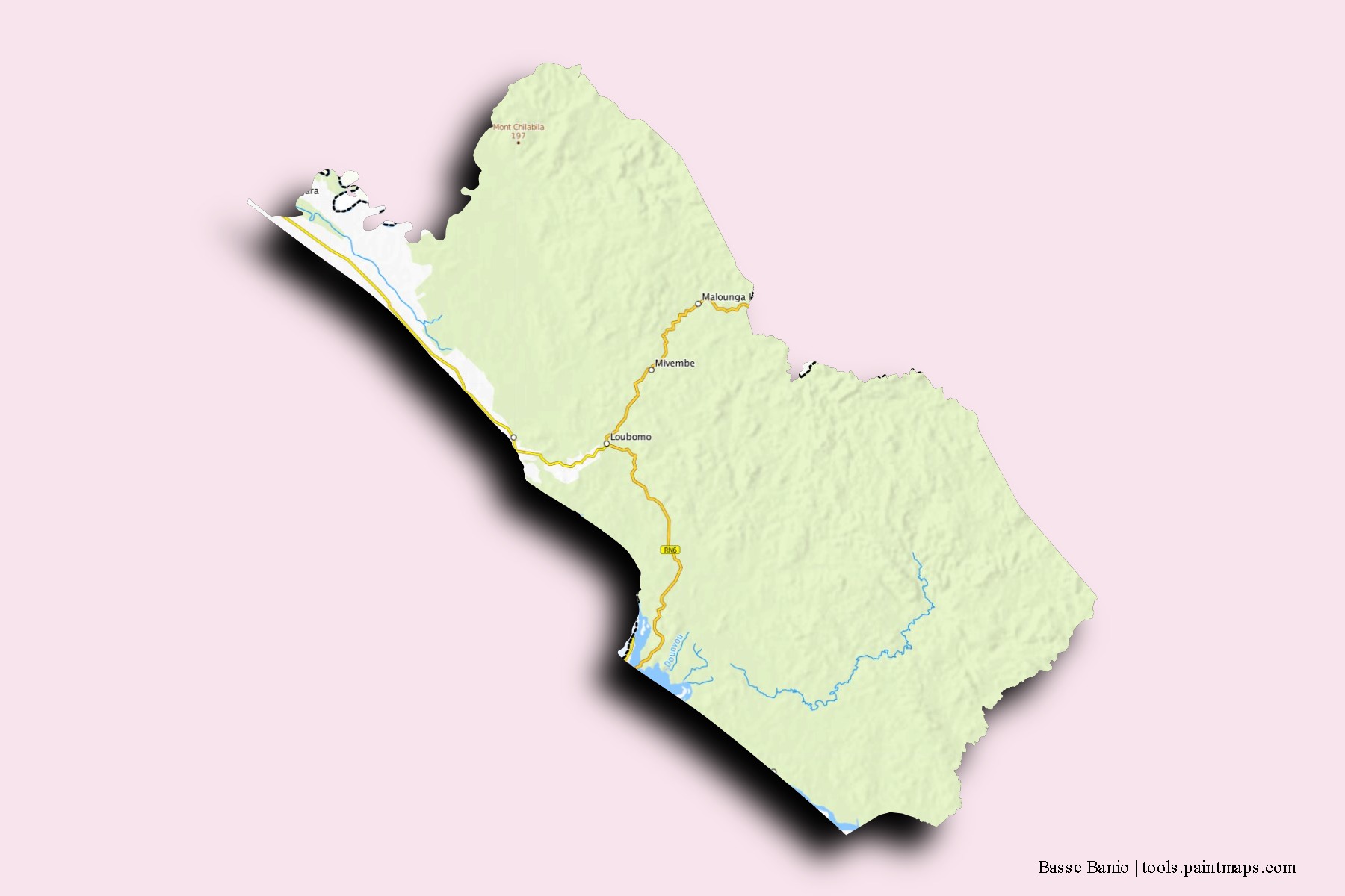 Mapa de barrios y pueblos de Basse Banio con efecto de sombra 3D