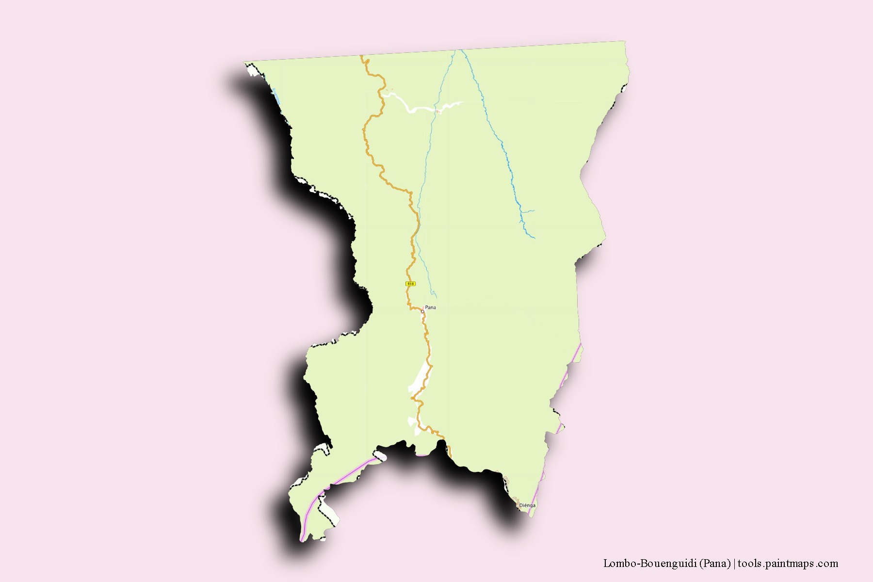 Mapa de barrios y pueblos de Lombo-Bouenguidi (Pana) con efecto de sombra 3D