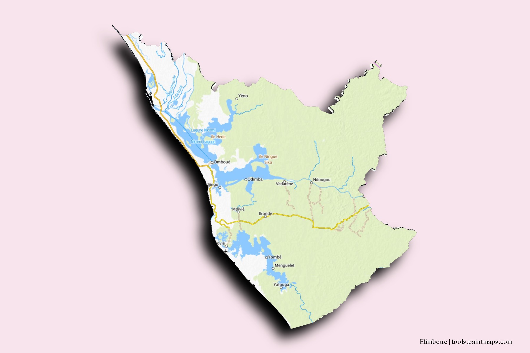 Etimboué neighborhoods and villages map with 3D shadow effect