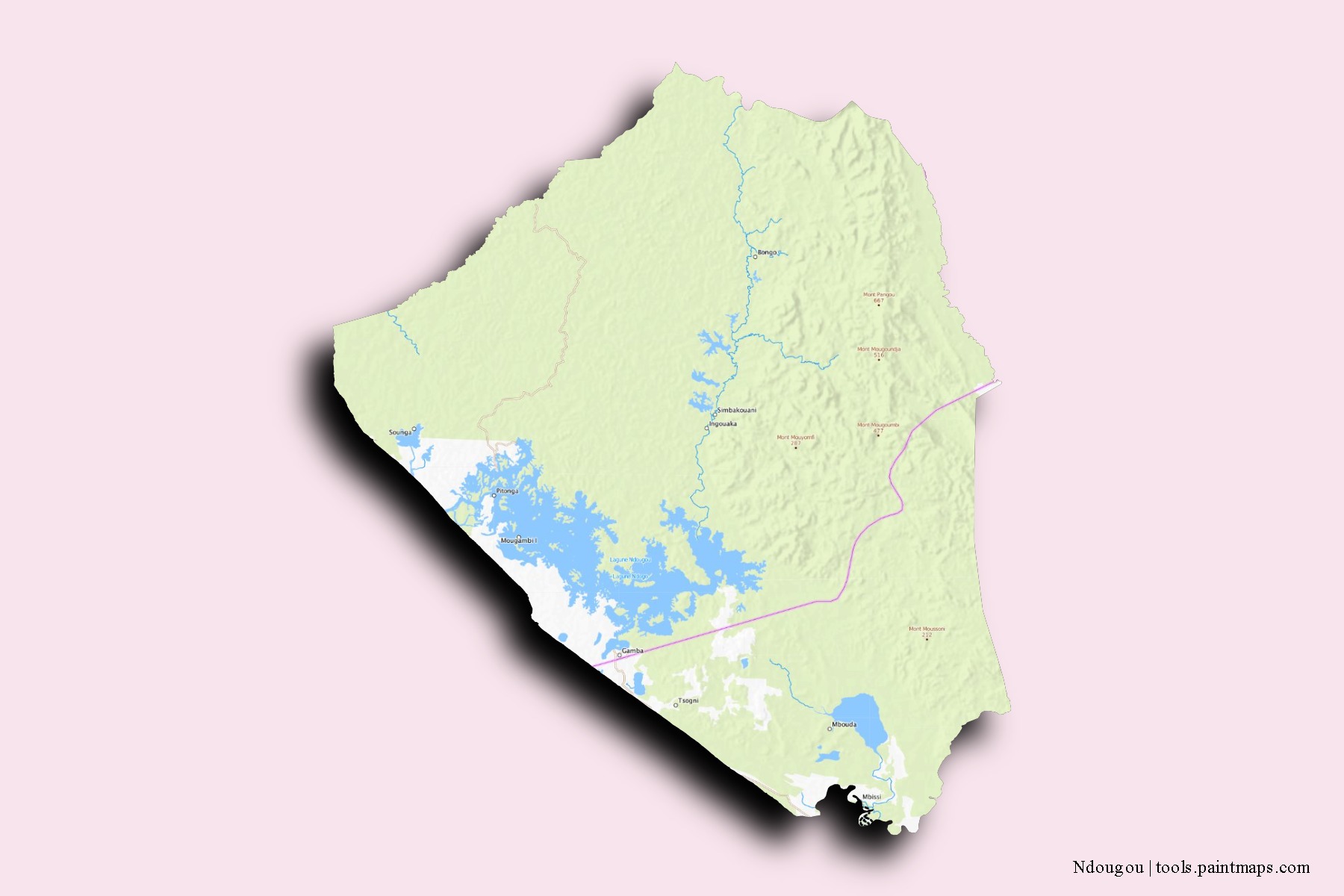 Mapa de barrios y pueblos de Ndougou con efecto de sombra 3D