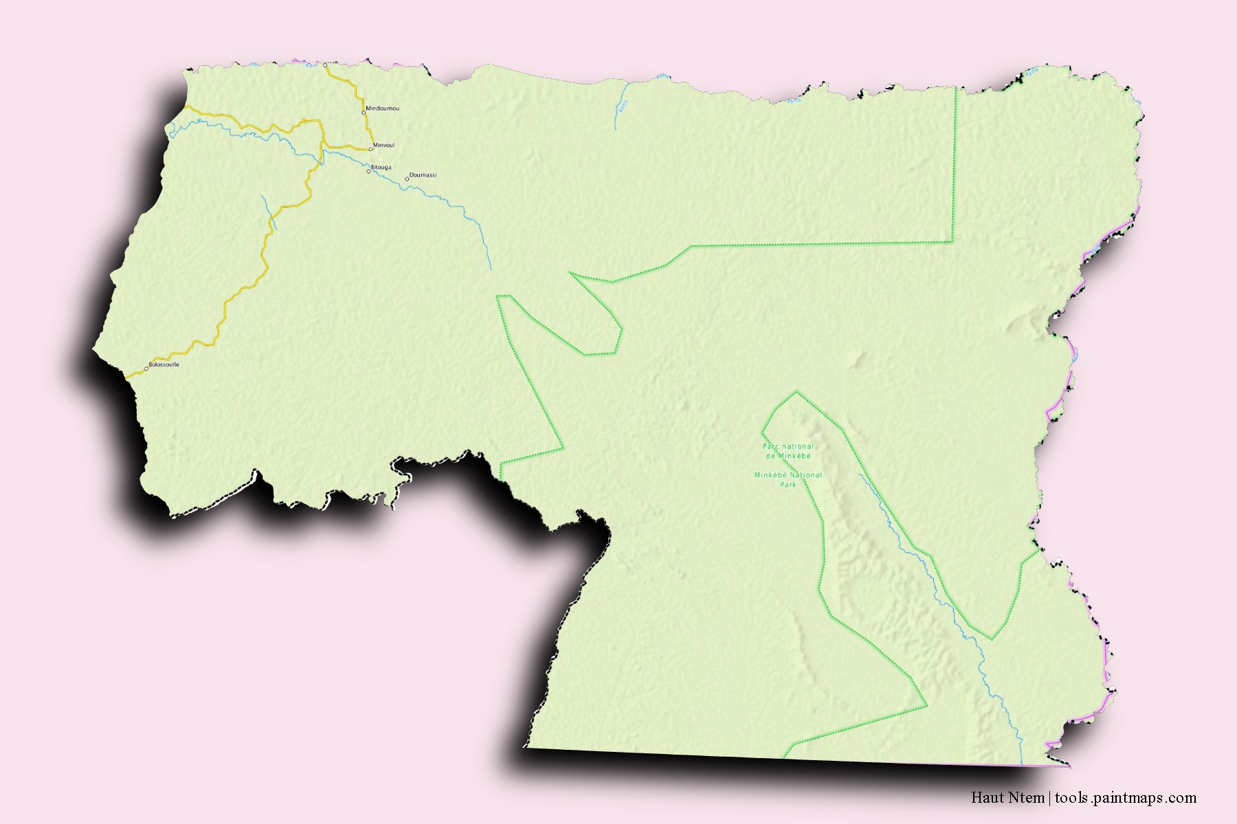 Mapa de barrios y pueblos de Haut Ntem con efecto de sombra 3D