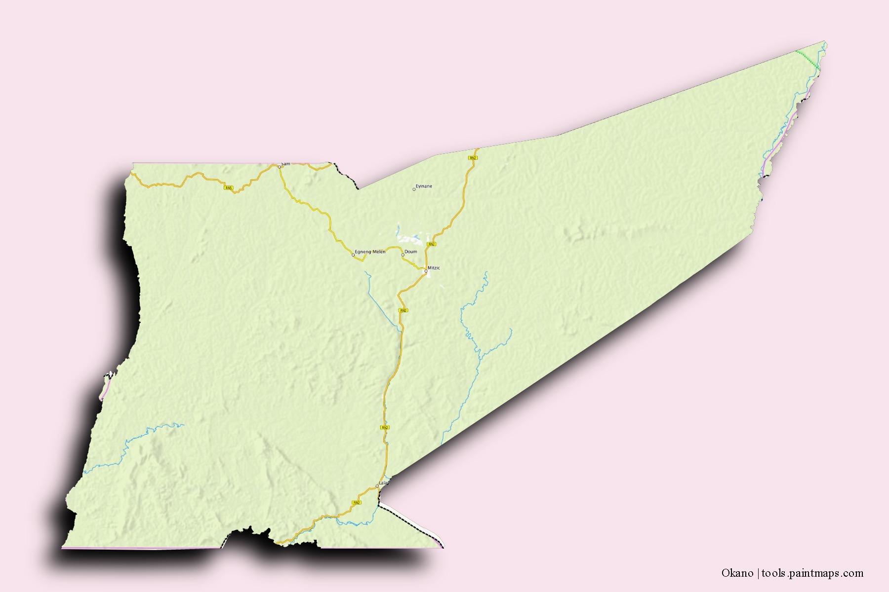 Mapa de barrios y pueblos de Okano con efecto de sombra 3D