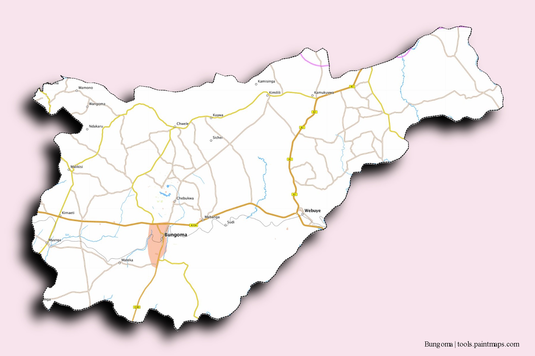 Mapa de barrios y pueblos de Bungoma con efecto de sombra 3D