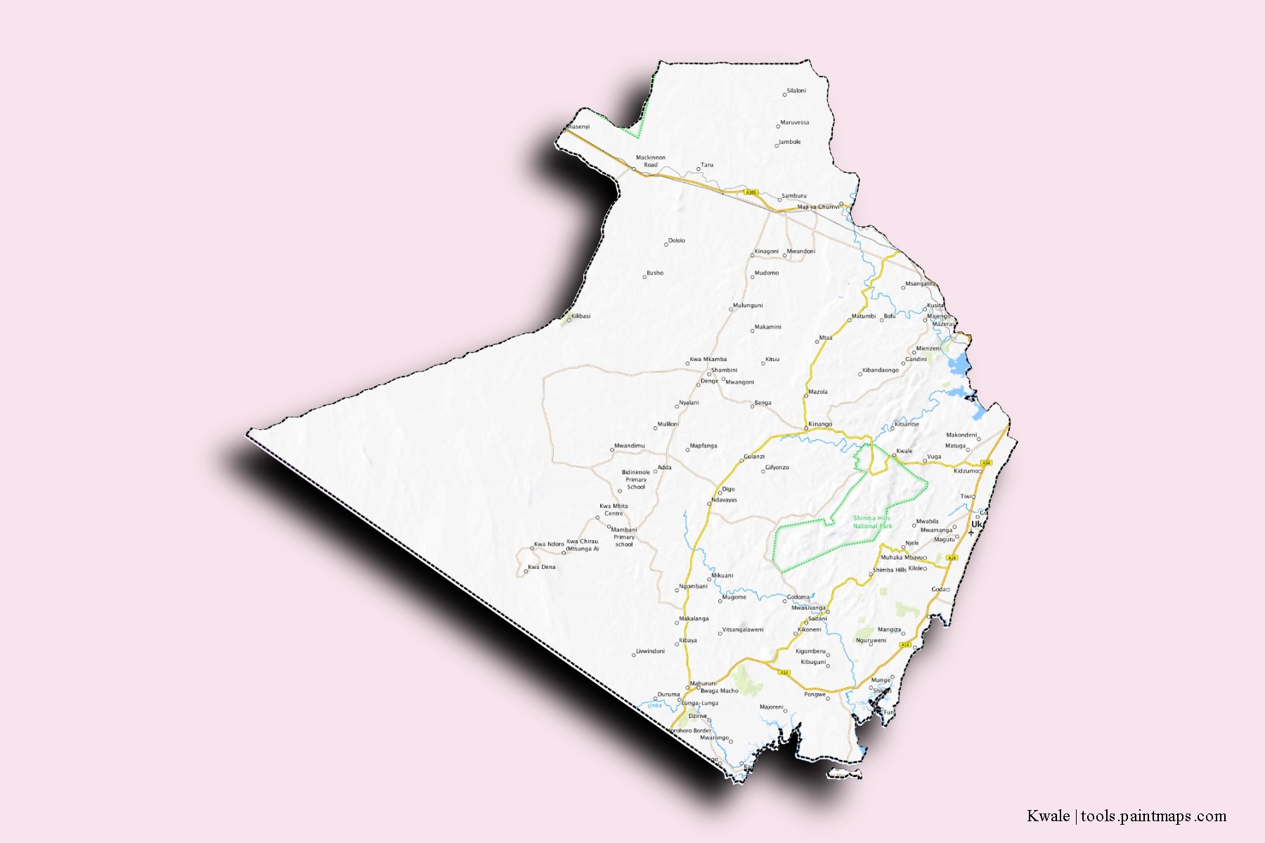 Mapa de barrios y pueblos de Kwale con efecto de sombra 3D