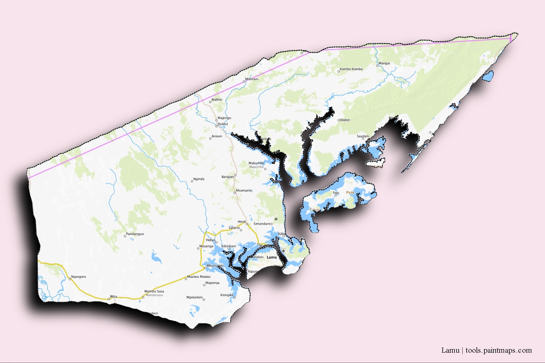 Lamu neighborhoods and villages map with 3D shadow effect