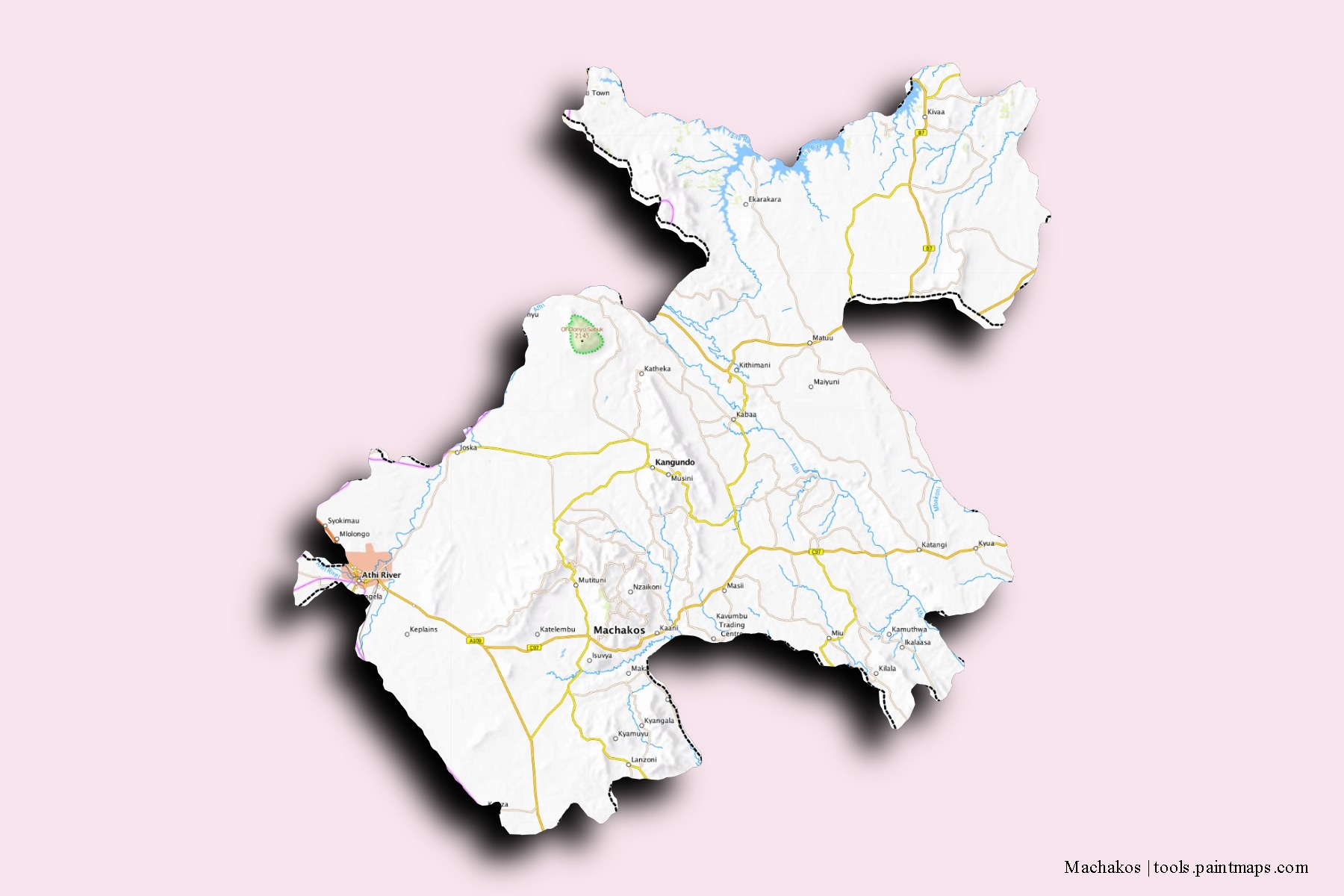 Machakos neighborhoods and villages map with 3D shadow effect