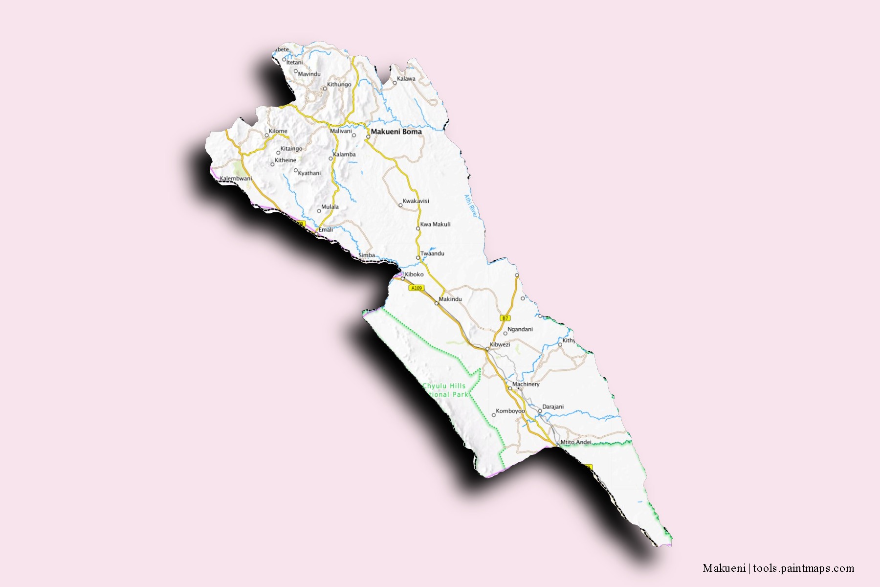 Mapa de barrios y pueblos de Makueni con efecto de sombra 3D