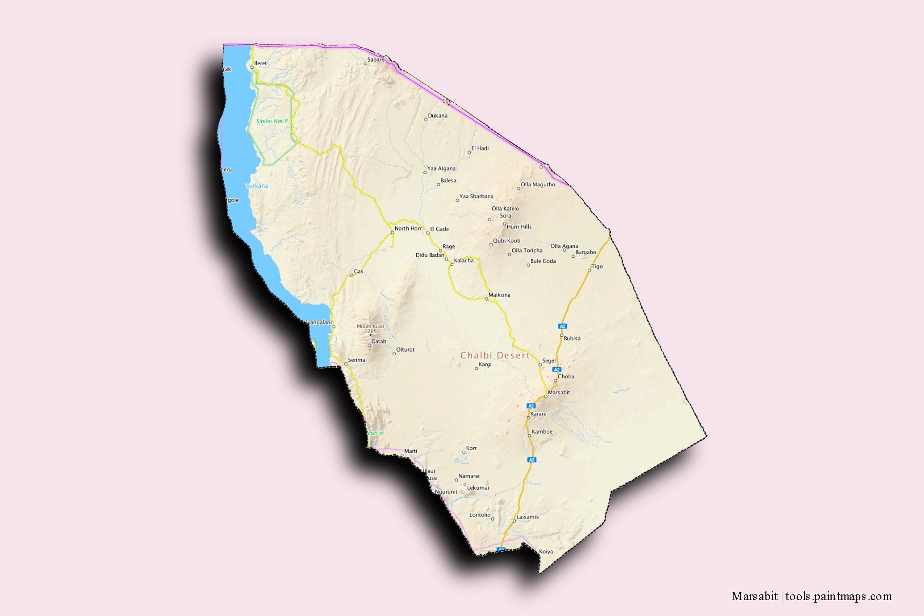 Mapa de barrios y pueblos de Marsabit con efecto de sombra 3D