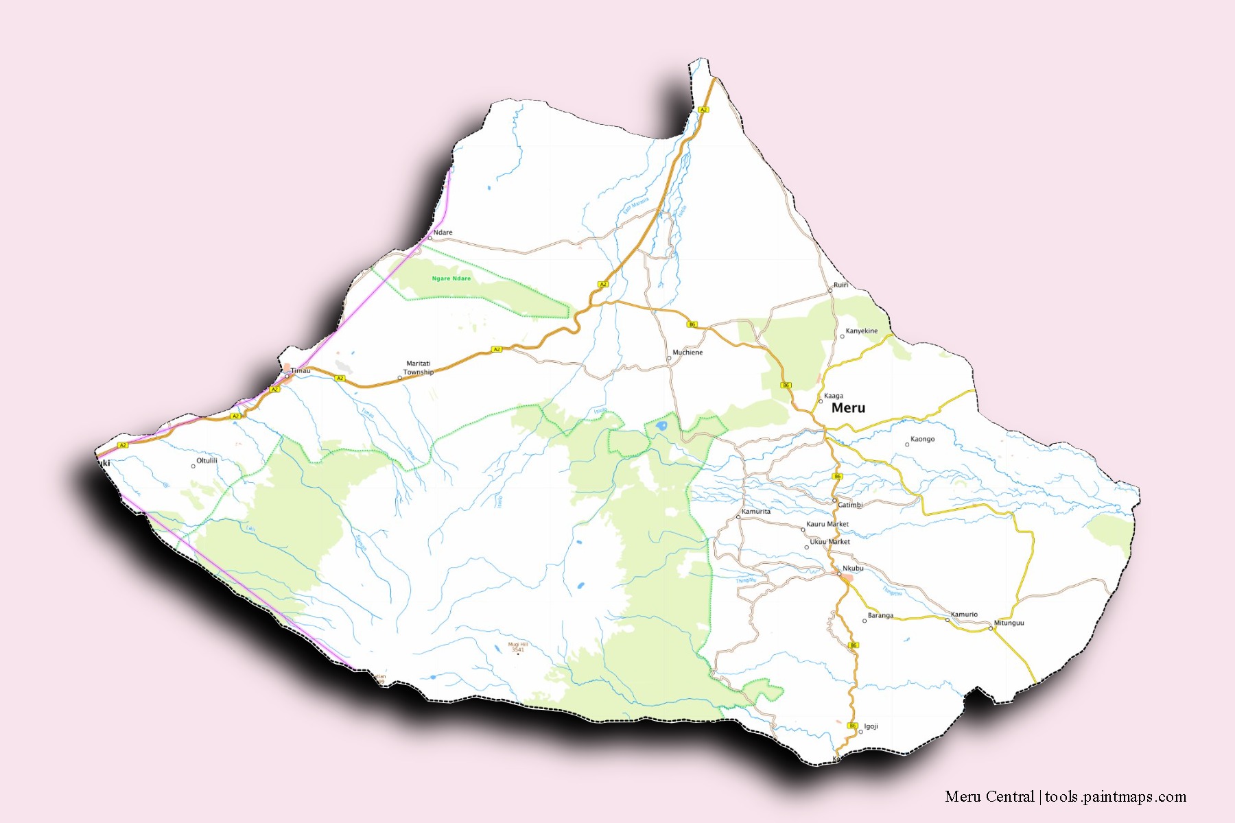 Meru Central neighborhoods and villages map with 3D shadow effect