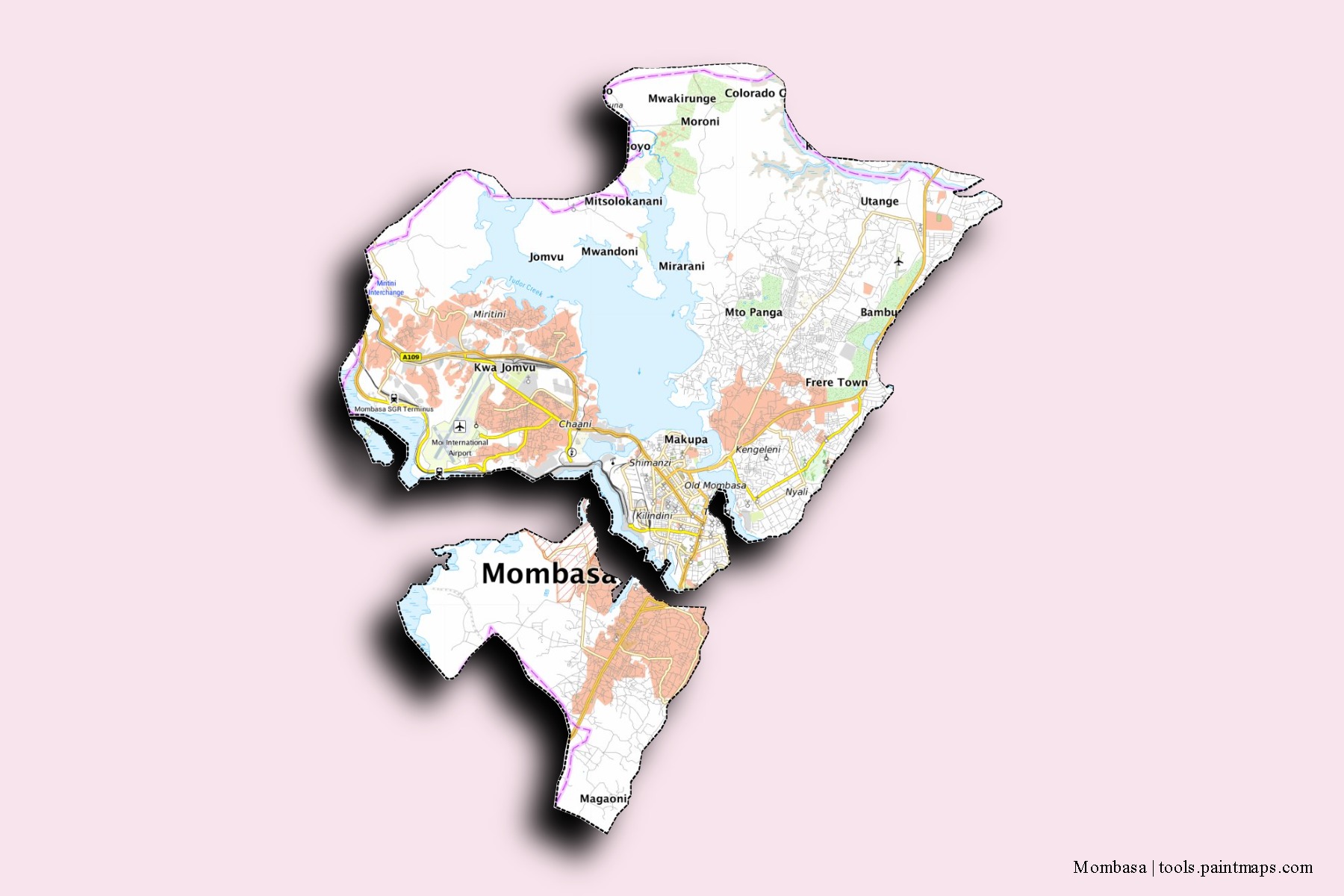 Mapa de barrios y pueblos de Mombasa con efecto de sombra 3D