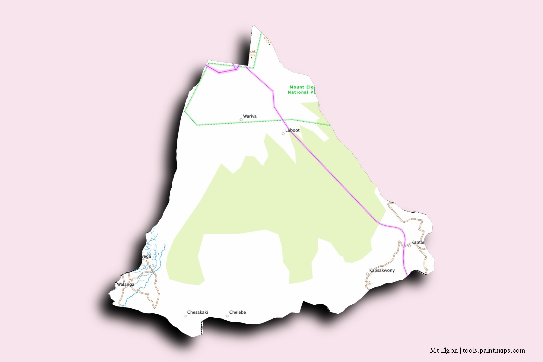 3D gölge efektli Mt Elgon mahalleleri ve köyleri haritası