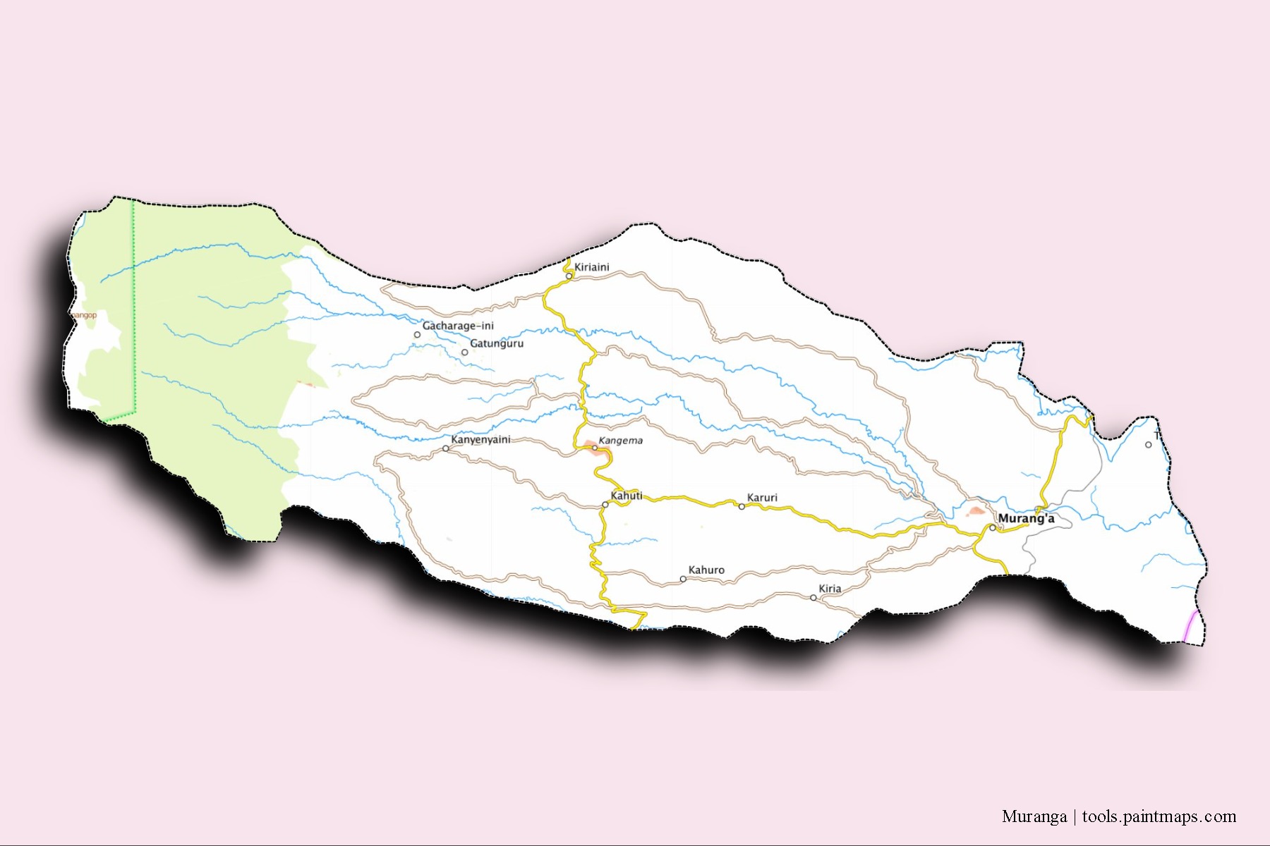 Murang'a neighborhoods and villages map with 3D shadow effect