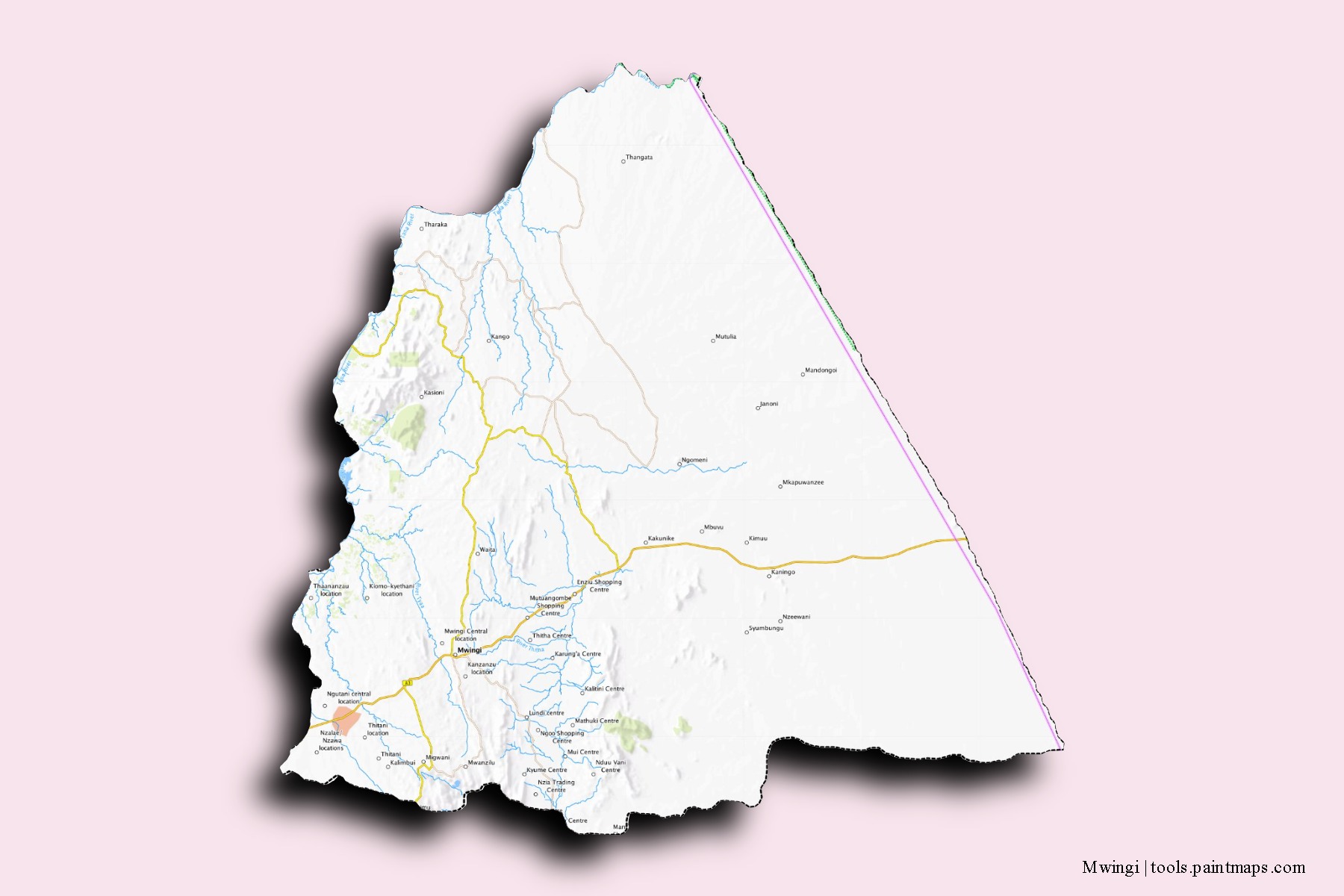 Mapa de barrios y pueblos de Mwingi con efecto de sombra 3D