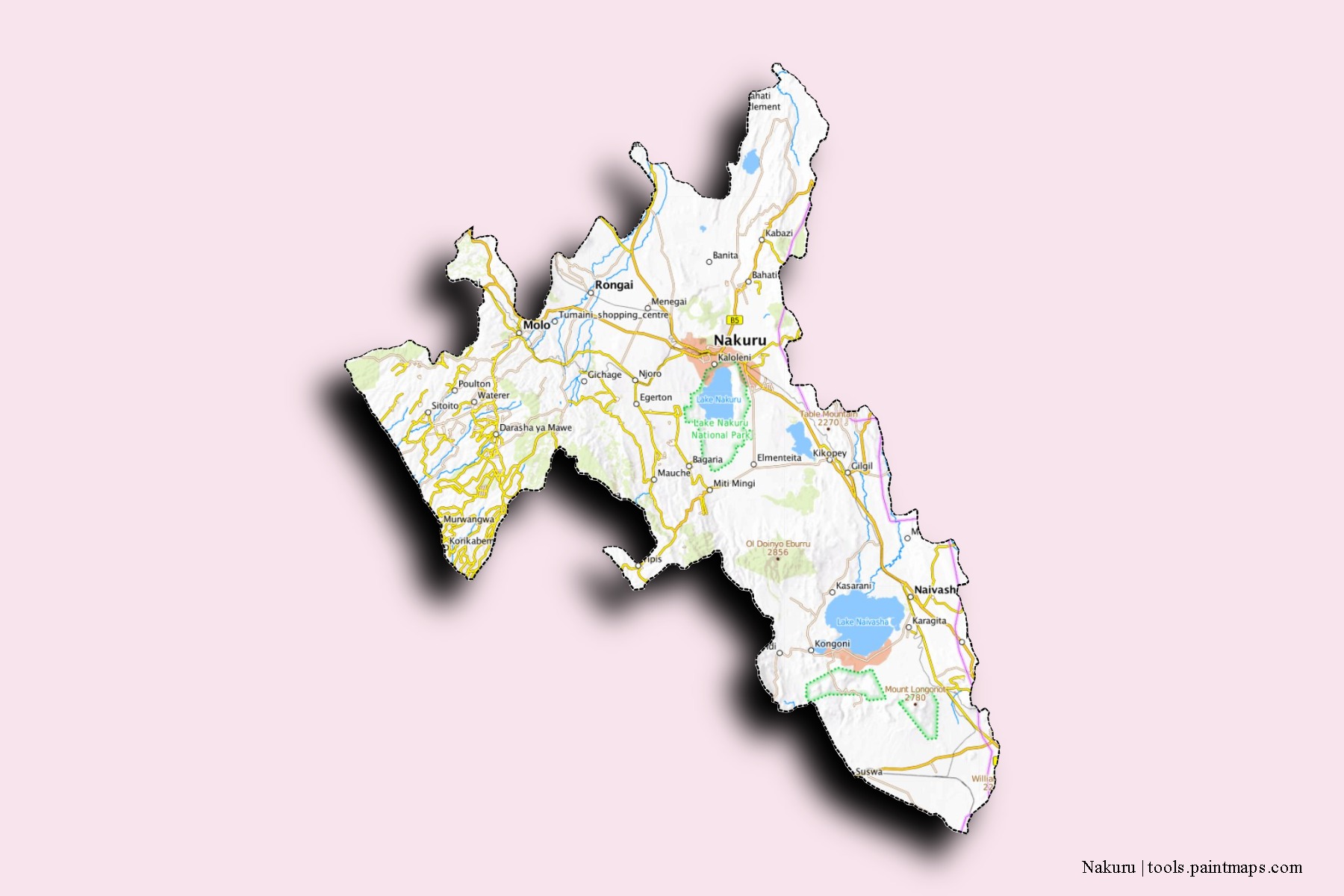 Nakuru neighborhoods and villages map with 3D shadow effect