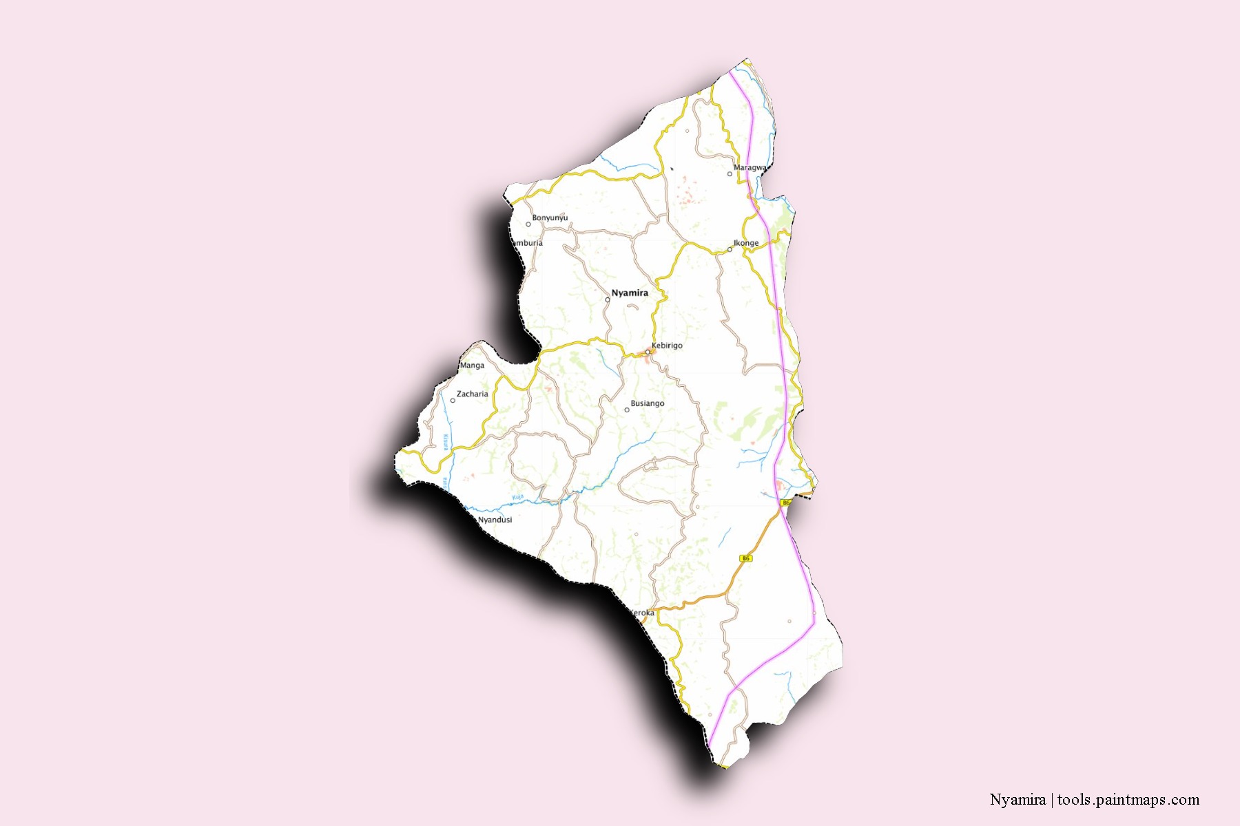 Mapa de barrios y pueblos de Nyamira con efecto de sombra 3D