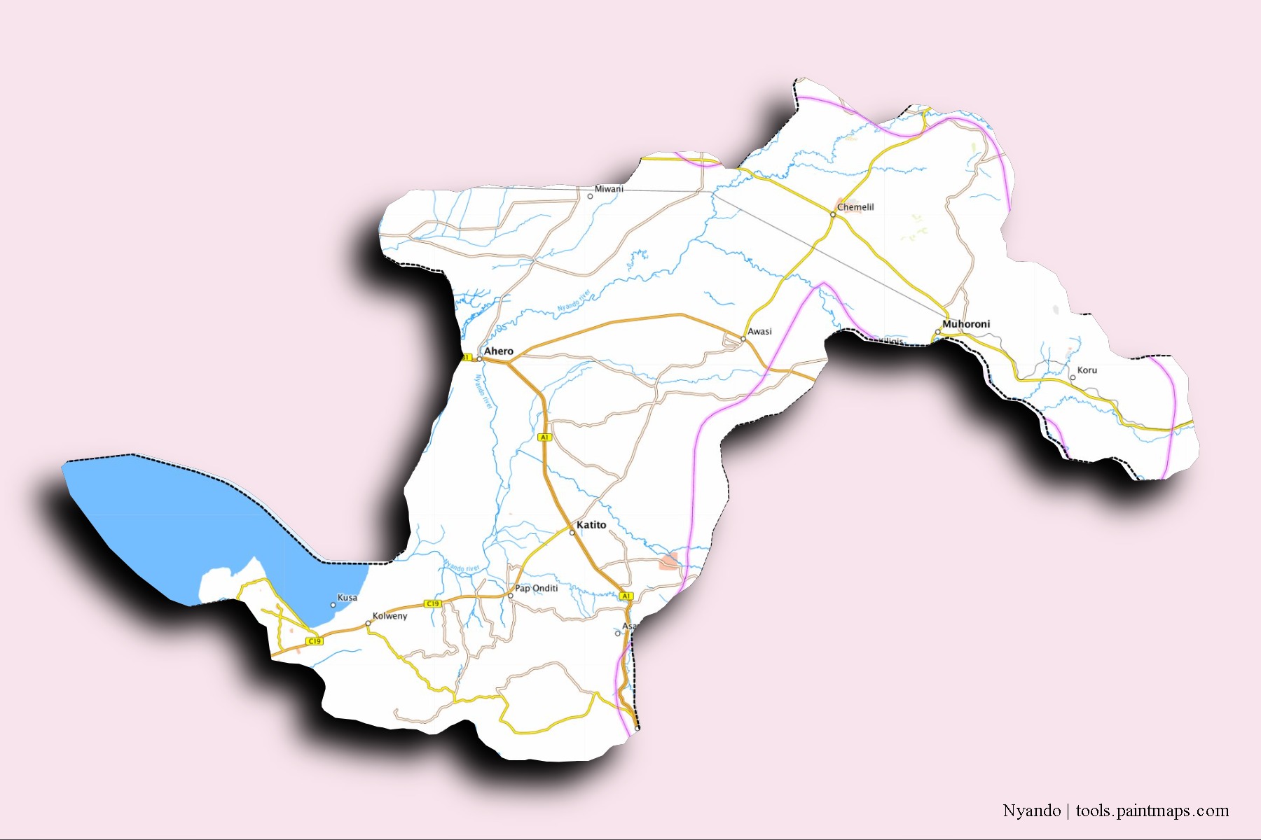 Nyando neighborhoods and villages map with 3D shadow effect