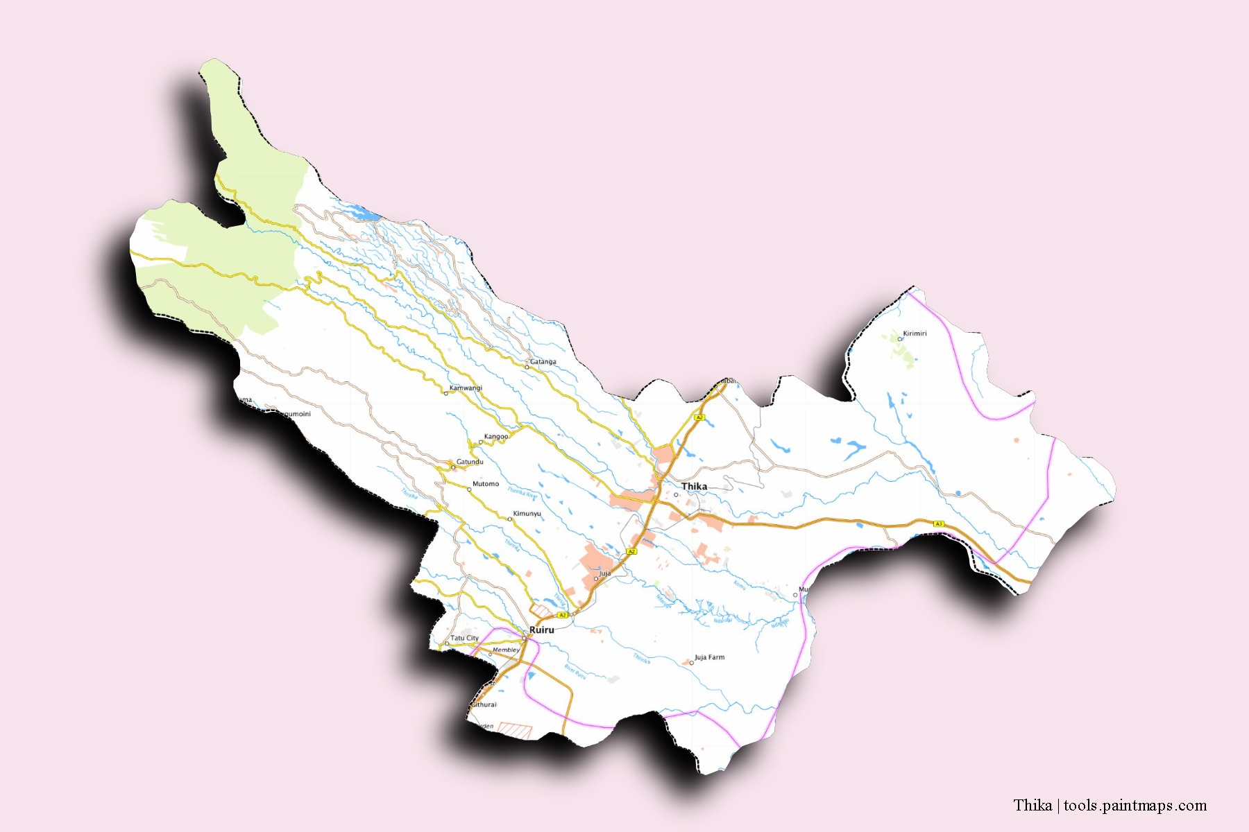 Thika neighborhoods and villages map with 3D shadow effect