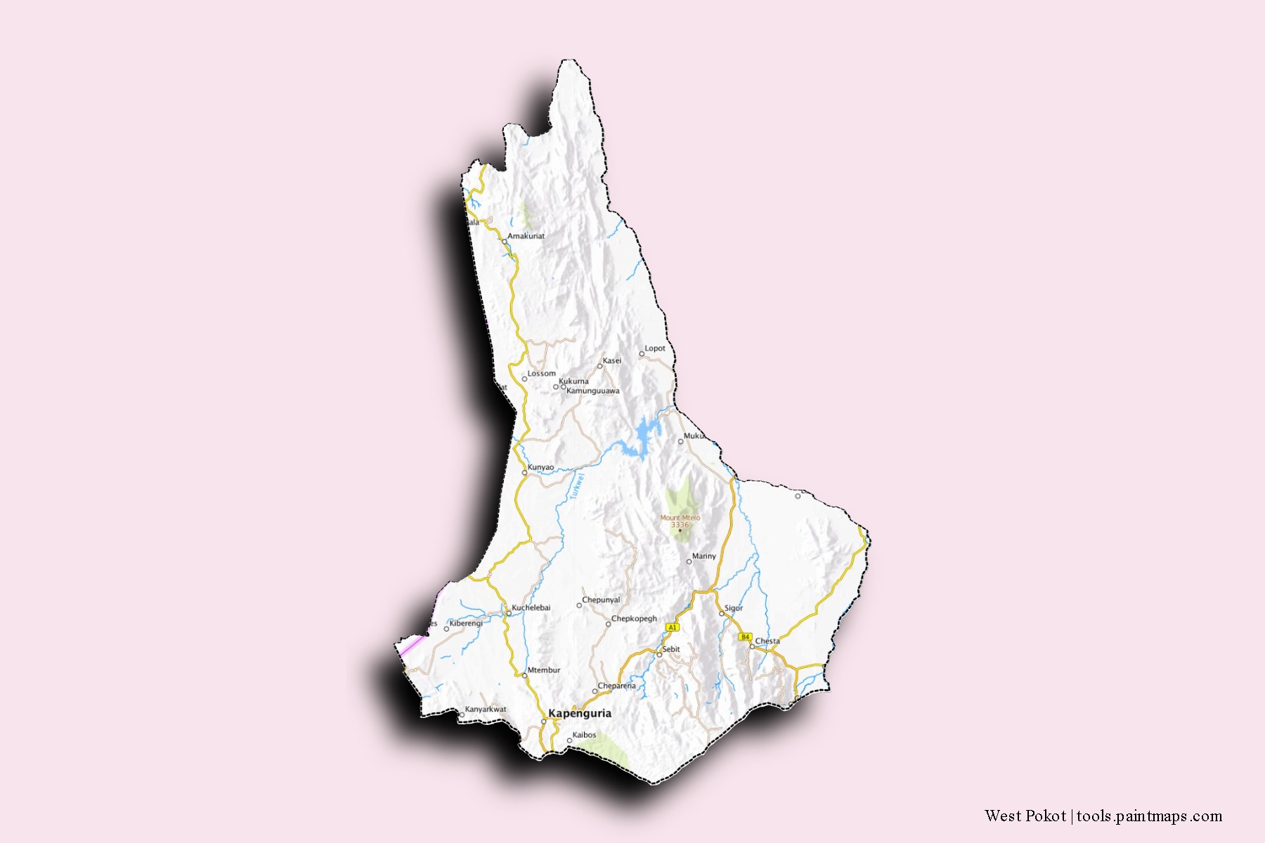 West Pokot neighborhoods and villages map with 3D shadow effect