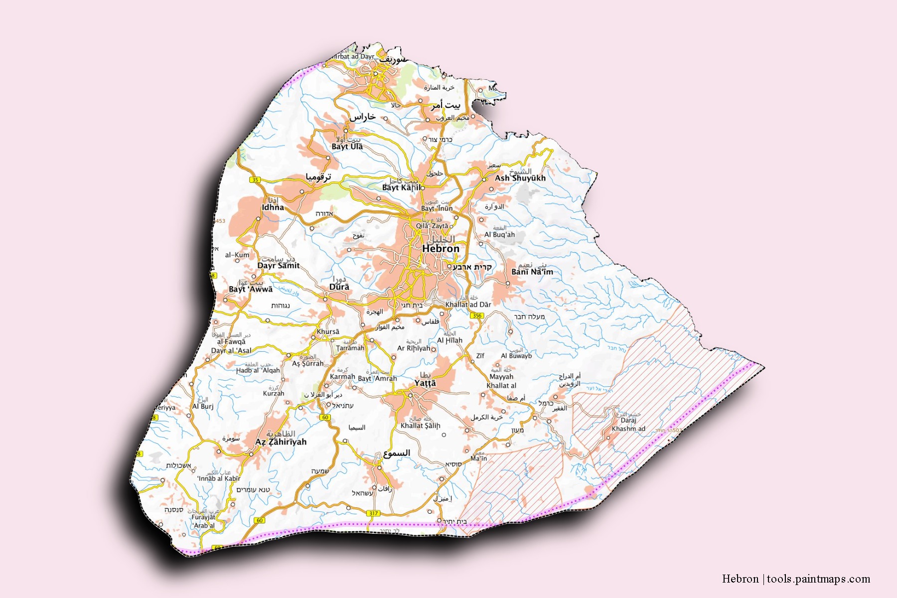 Hebron neighborhoods and villages map with 3D shadow effect