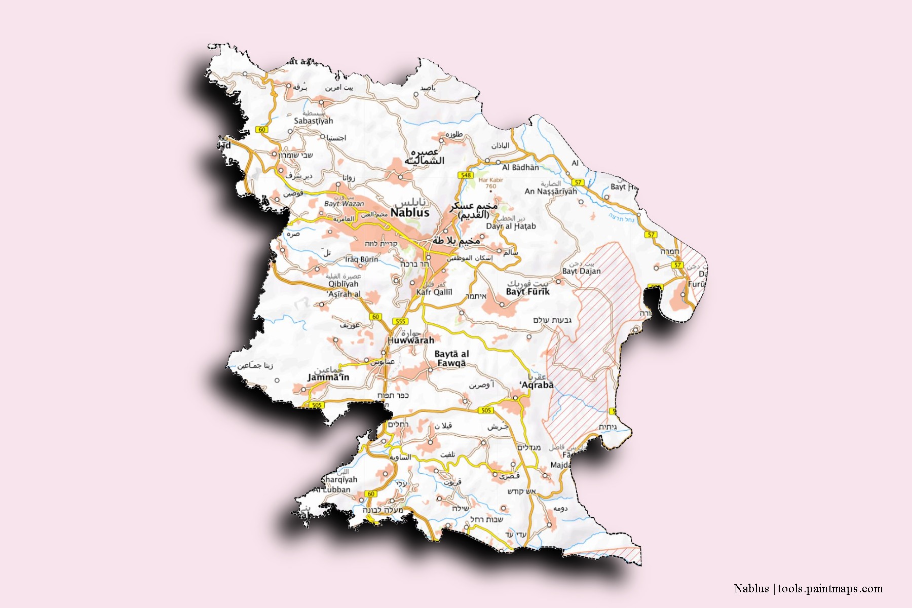 Nablus neighborhoods and villages map with 3D shadow effect