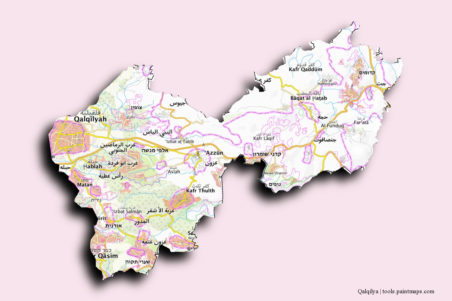 Qalqilya neighborhoods and villages map with 3D shadow effect