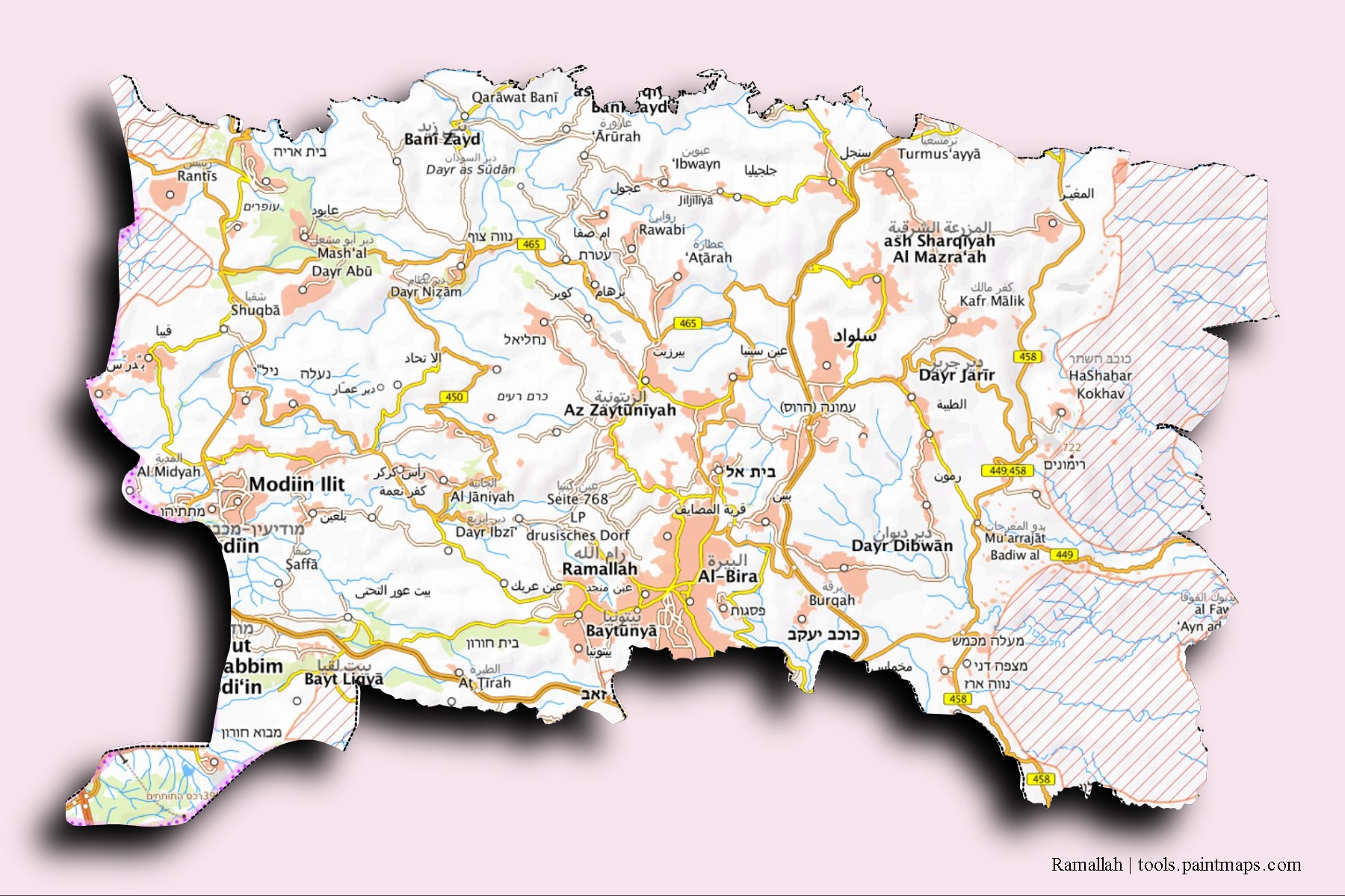 Mapa de barrios y pueblos de Ramallah con efecto de sombra 3D