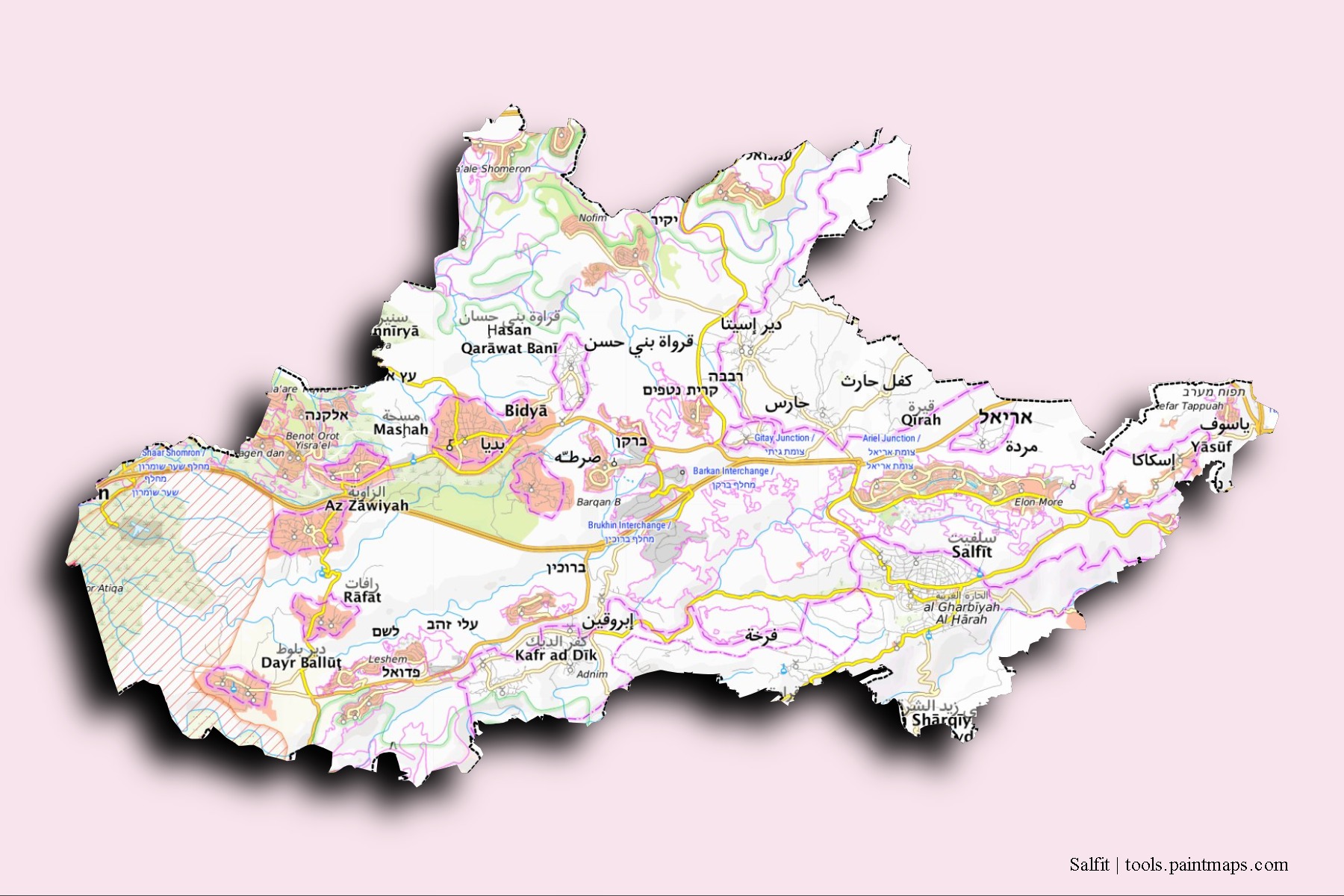 Mapa de barrios y pueblos de Salfit con efecto de sombra 3D