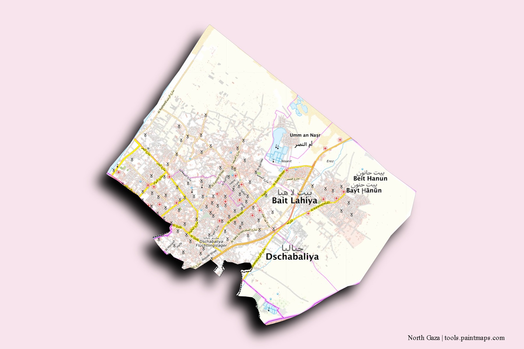 Gaza ash Shamaliyah neighborhoods and villages map with 3D shadow effect