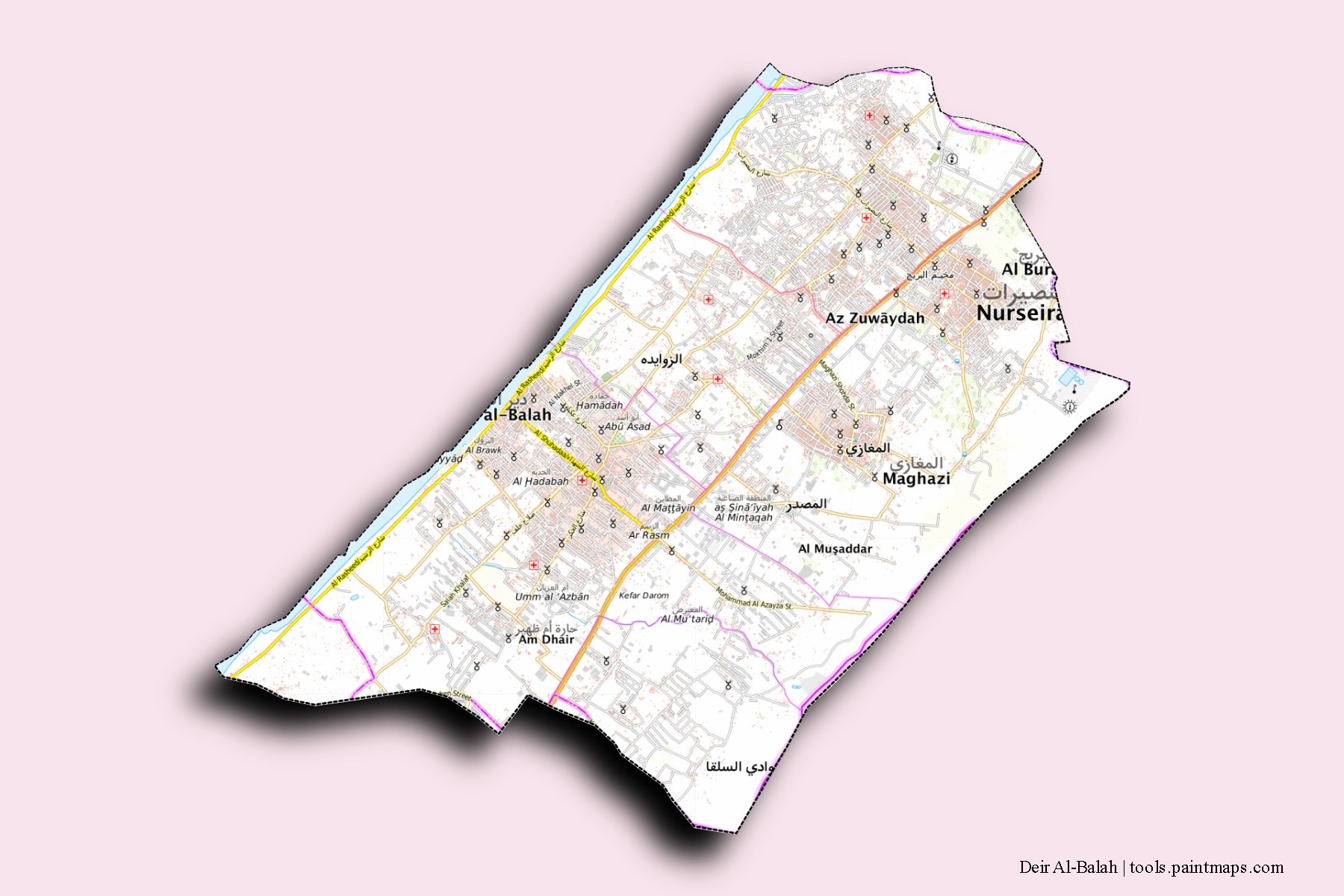 Mapa de barrios y pueblos de Deir Al-Balah con efecto de sombra 3D