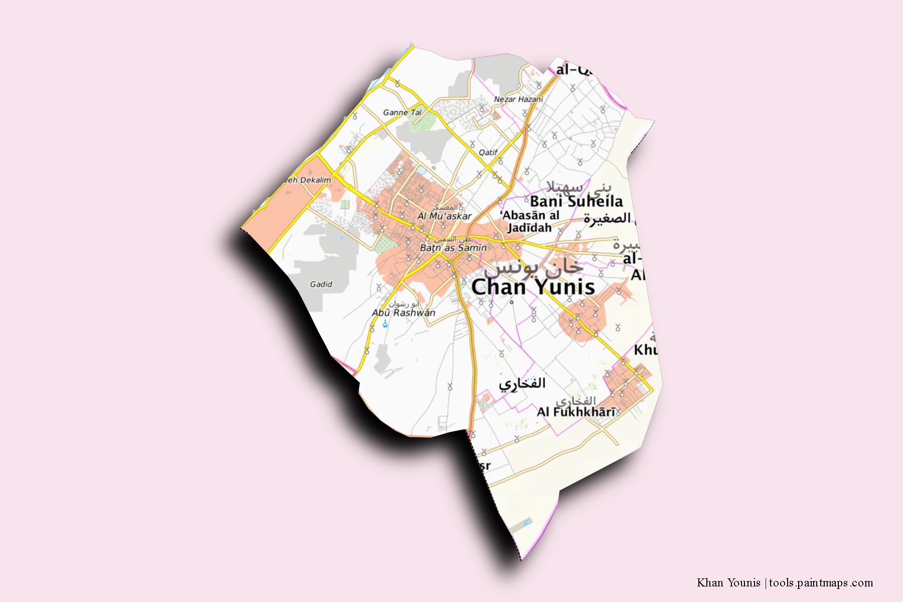 Khan Yunis neighborhoods and villages map with 3D shadow effect