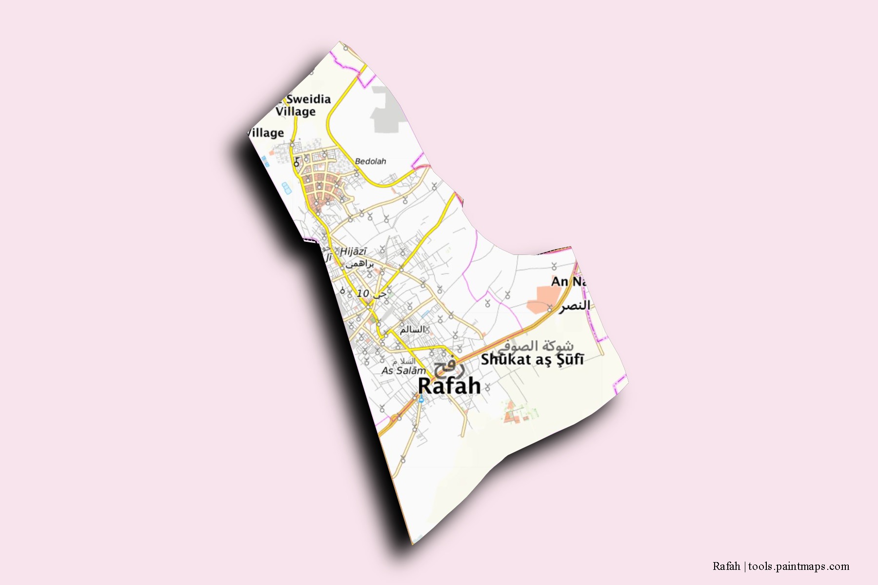 Rafah neighborhoods and villages map with 3D shadow effect